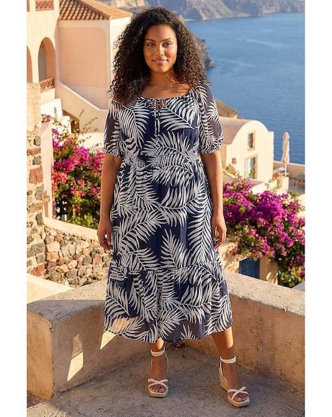 Roman Curve Leaf Tie Neck Midi Dress