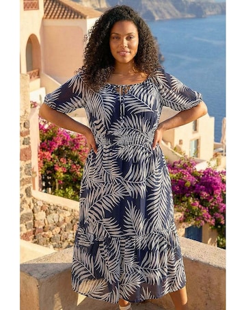 Roman Curve Leaf Tie Neck Midi Dress