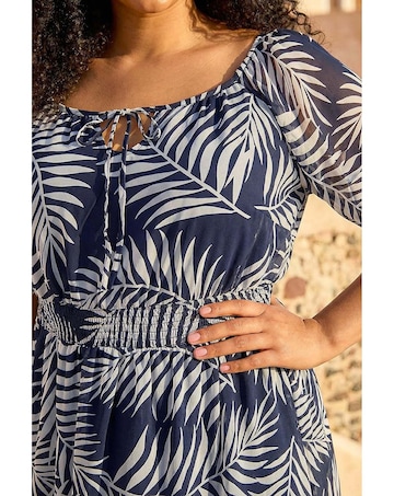 Roman Curve Leaf Tie Neck Midi Dress