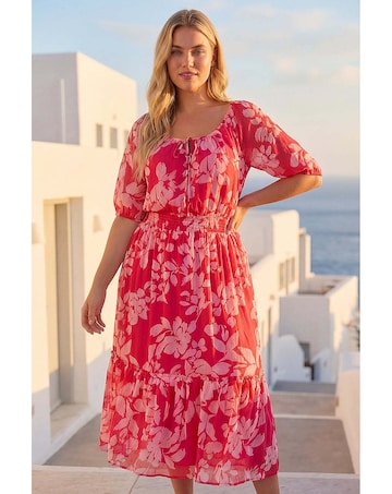 Roman Curve Tropical Tie Neck Midi Dress
