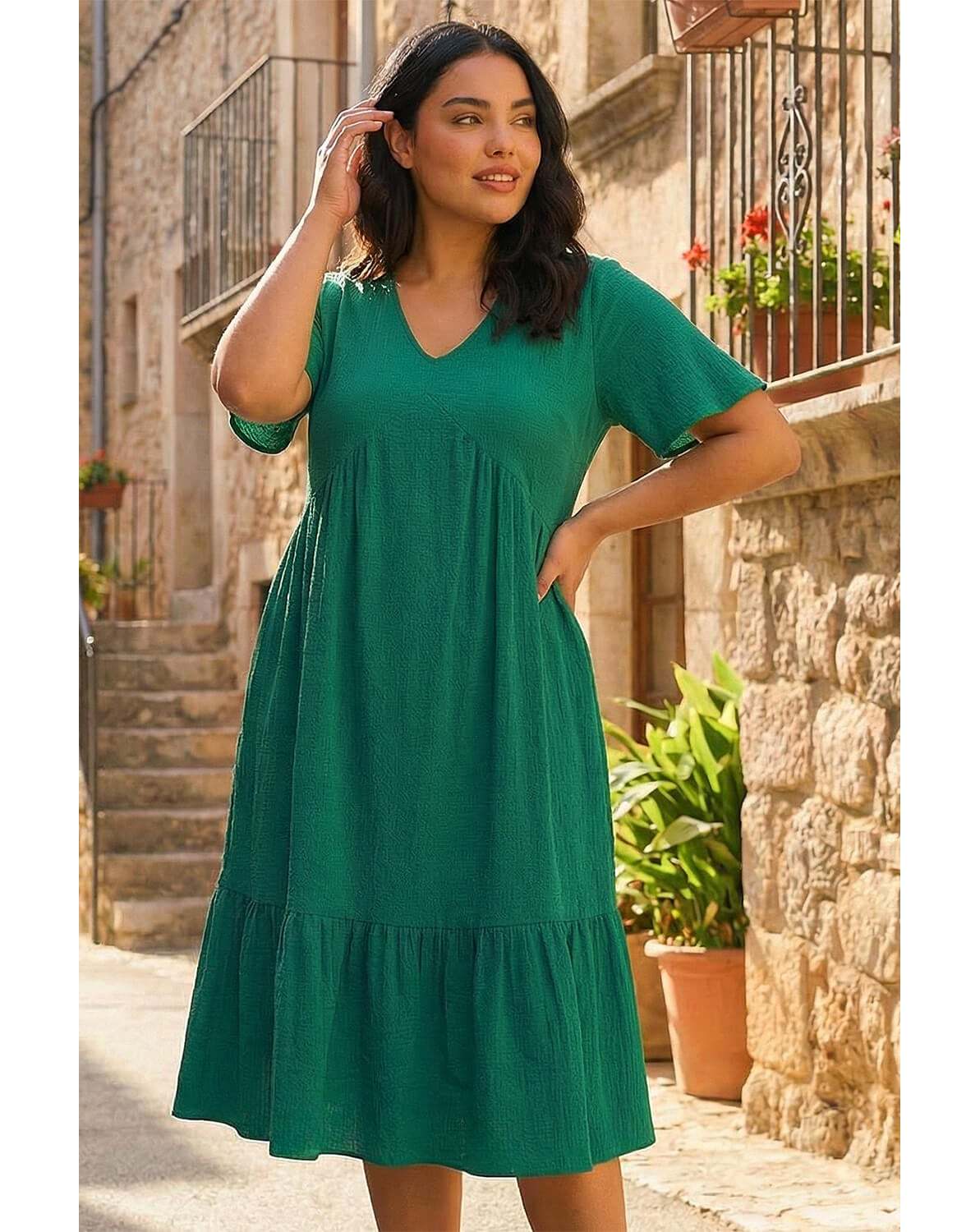 New In - Roman Curve Textured V-Neck Midi Dress