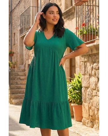 Roman Curve Textured V-Neck Midi Dress