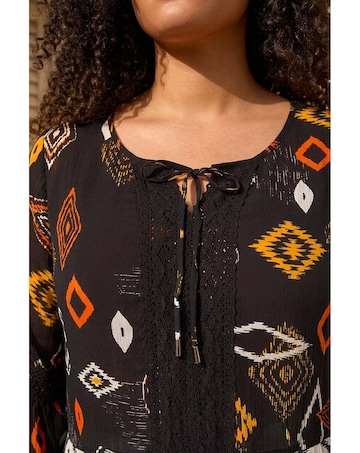 Roman Curve Ikat Print Woven Top