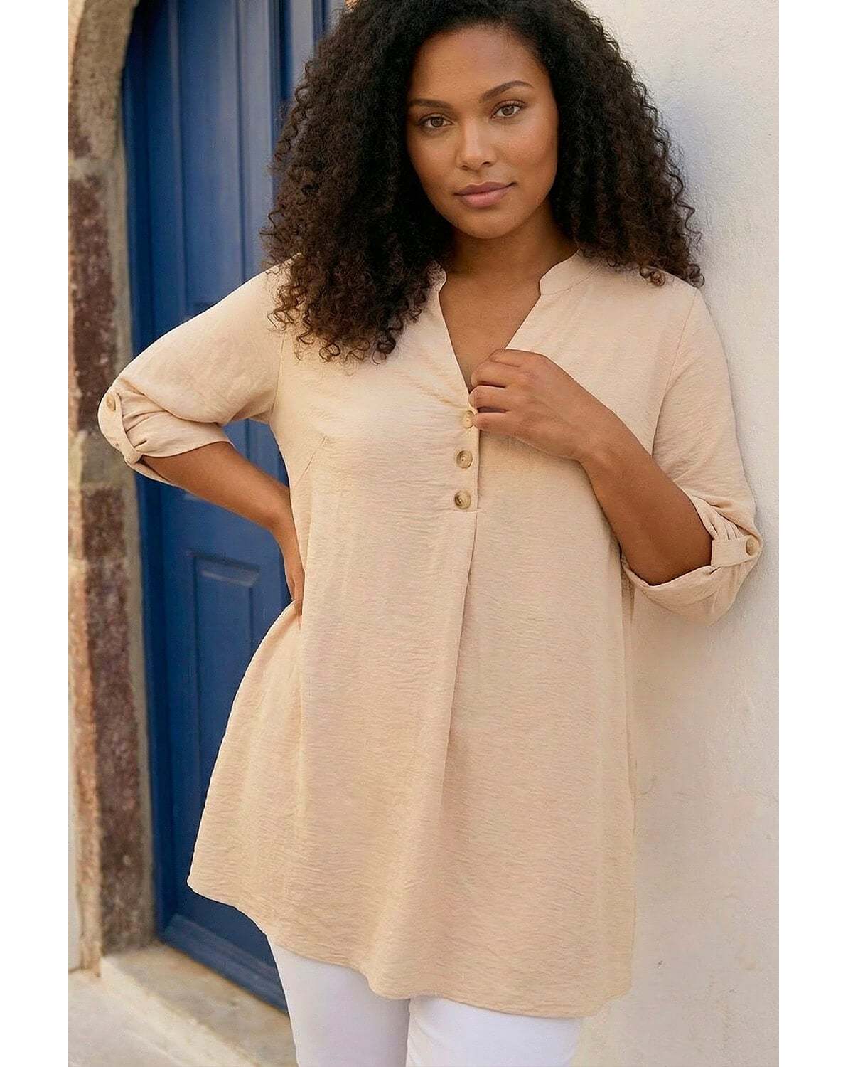 New In - Roman Curve Textured Buttoned Tunic Top