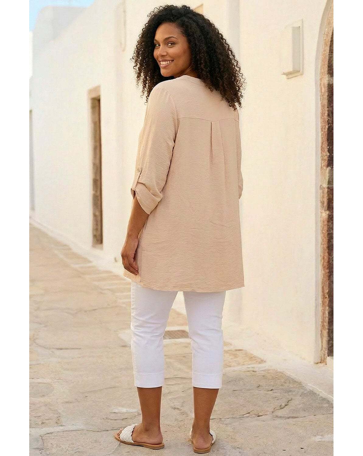 Roman Curve Textured Buttoned Tunic Top
