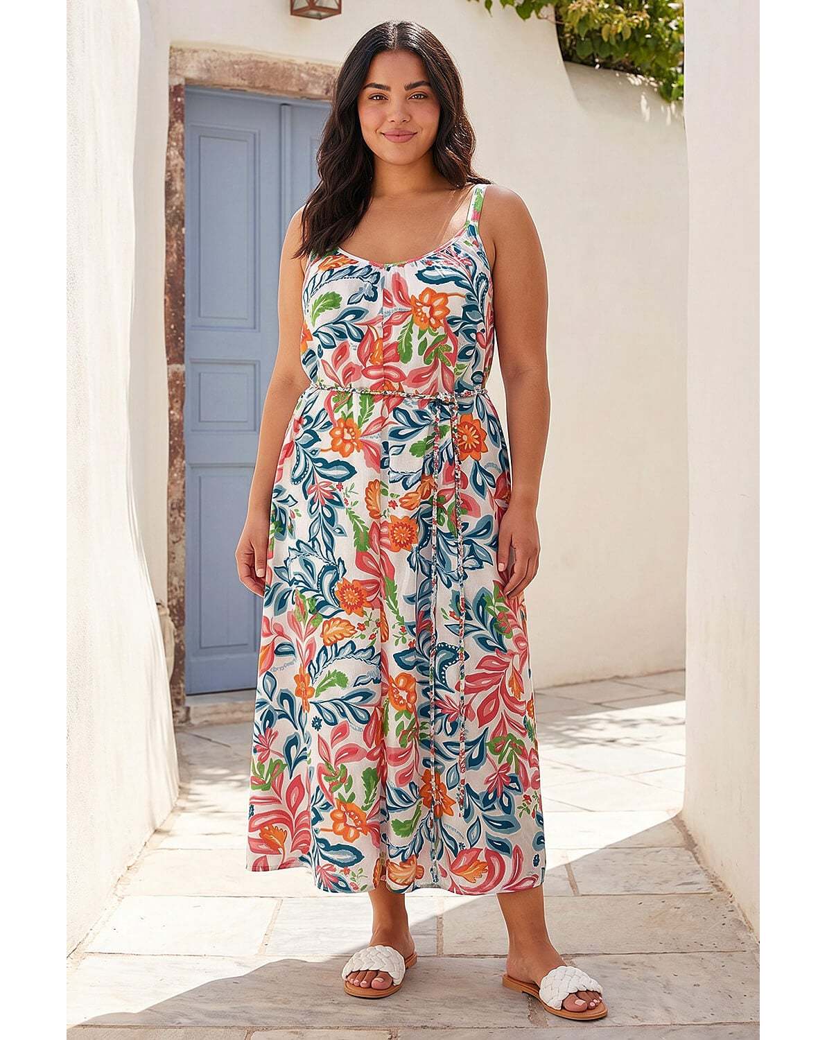 New In - Roman Curve Print Plait Belt Midi Dress