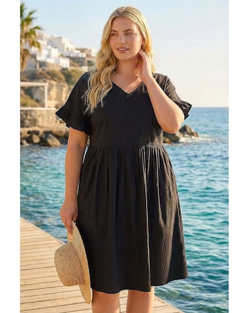 Roman Curve Cotton V-Neck Frill Dress