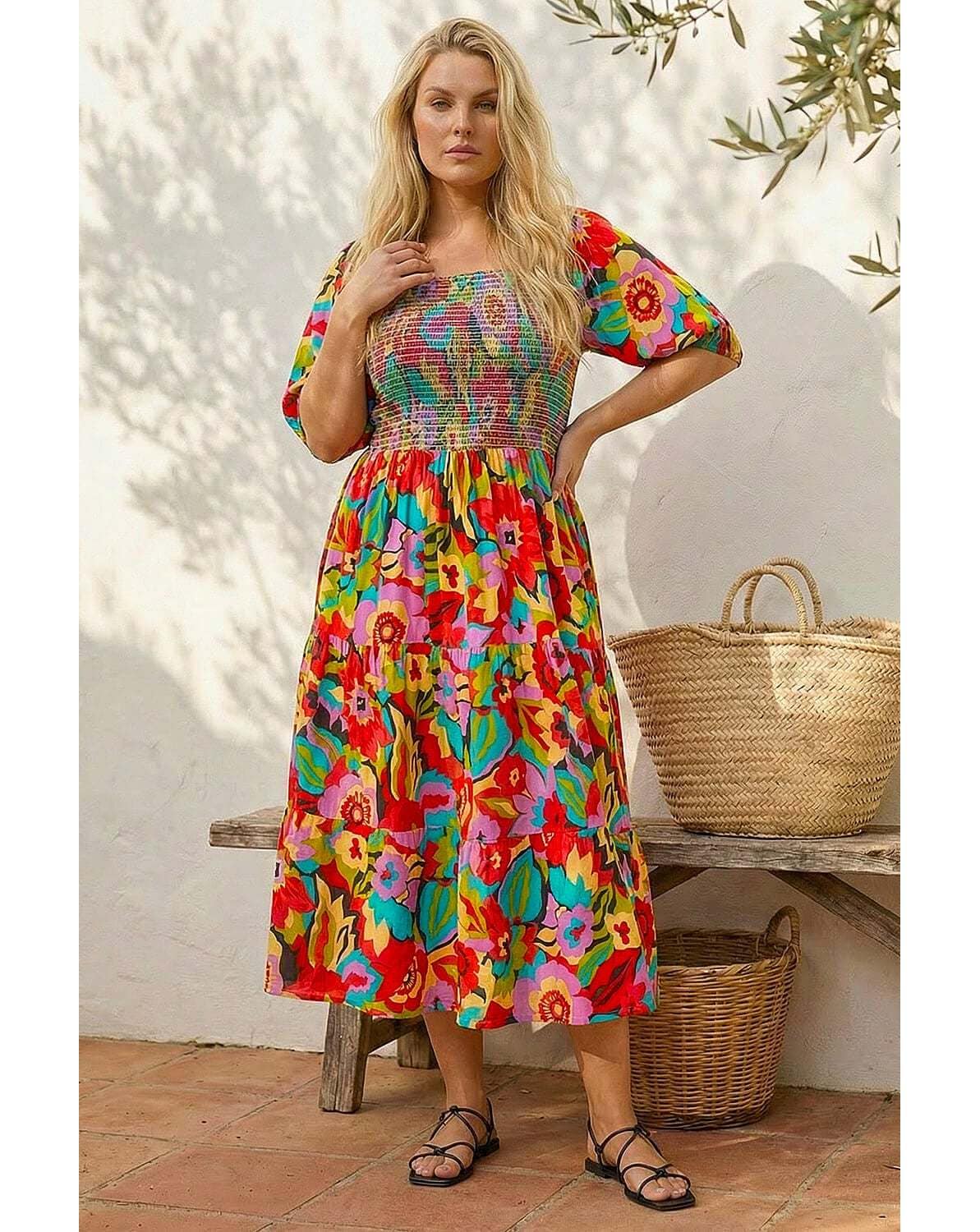 New In - Roman Curve Floral Shirred Midi Dress