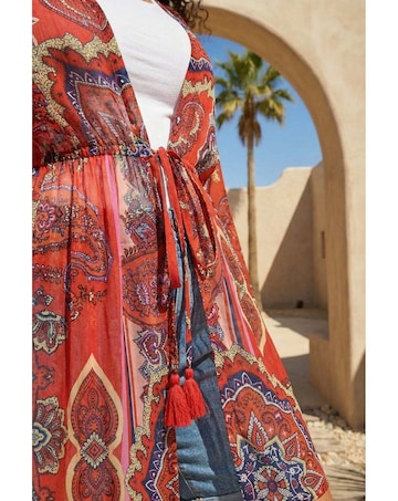 Roman Curve Paisley Tie Front Kimono