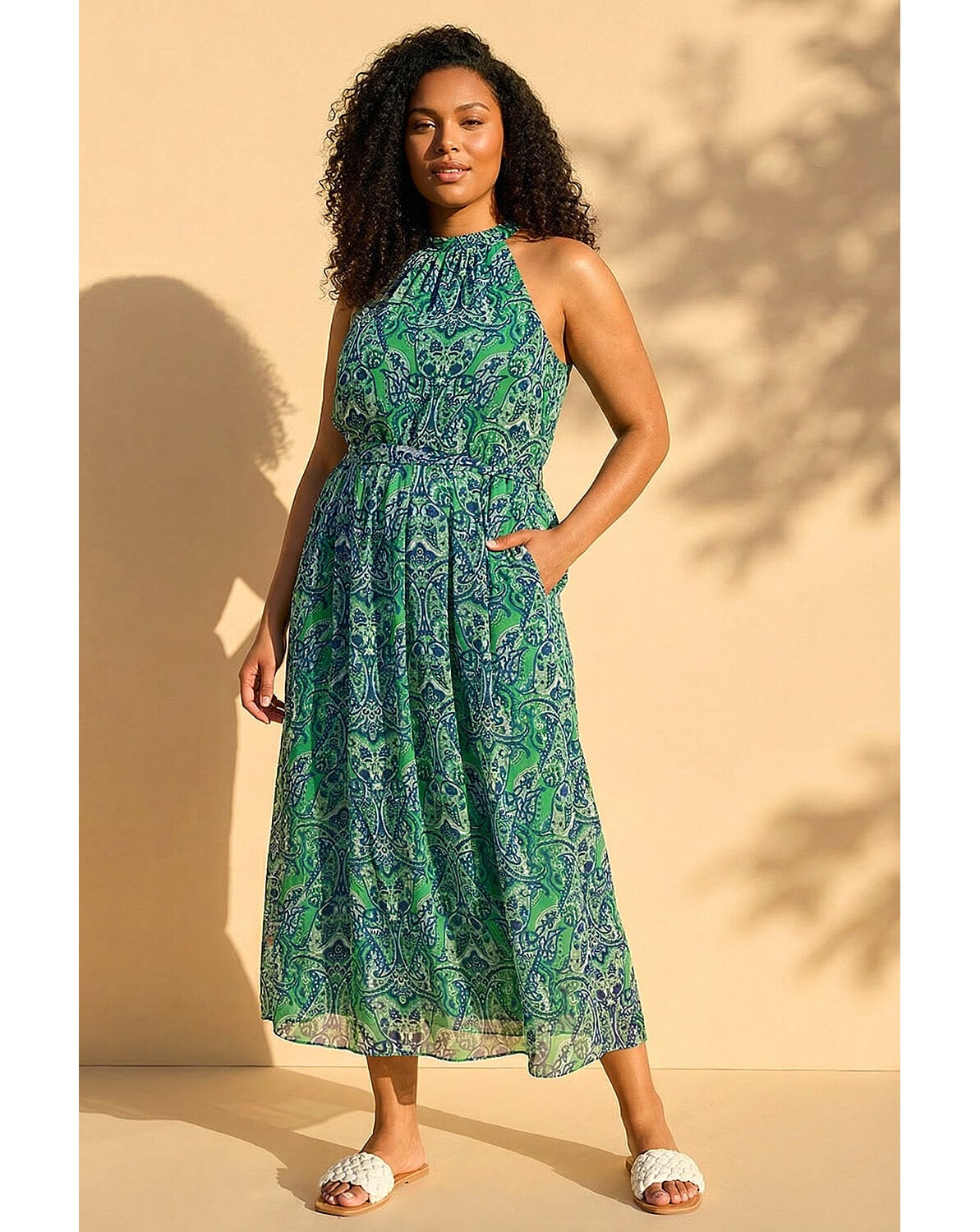 Roman Curve Print Halter Neck Maxi Dress