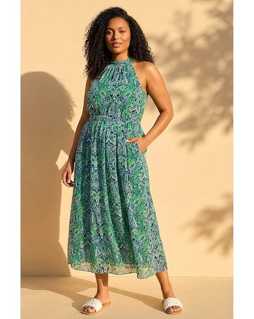 Roman Curve Print Halter Neck Maxi Dress