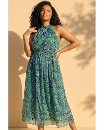 Roman Curve Print Halter Neck Maxi Dress