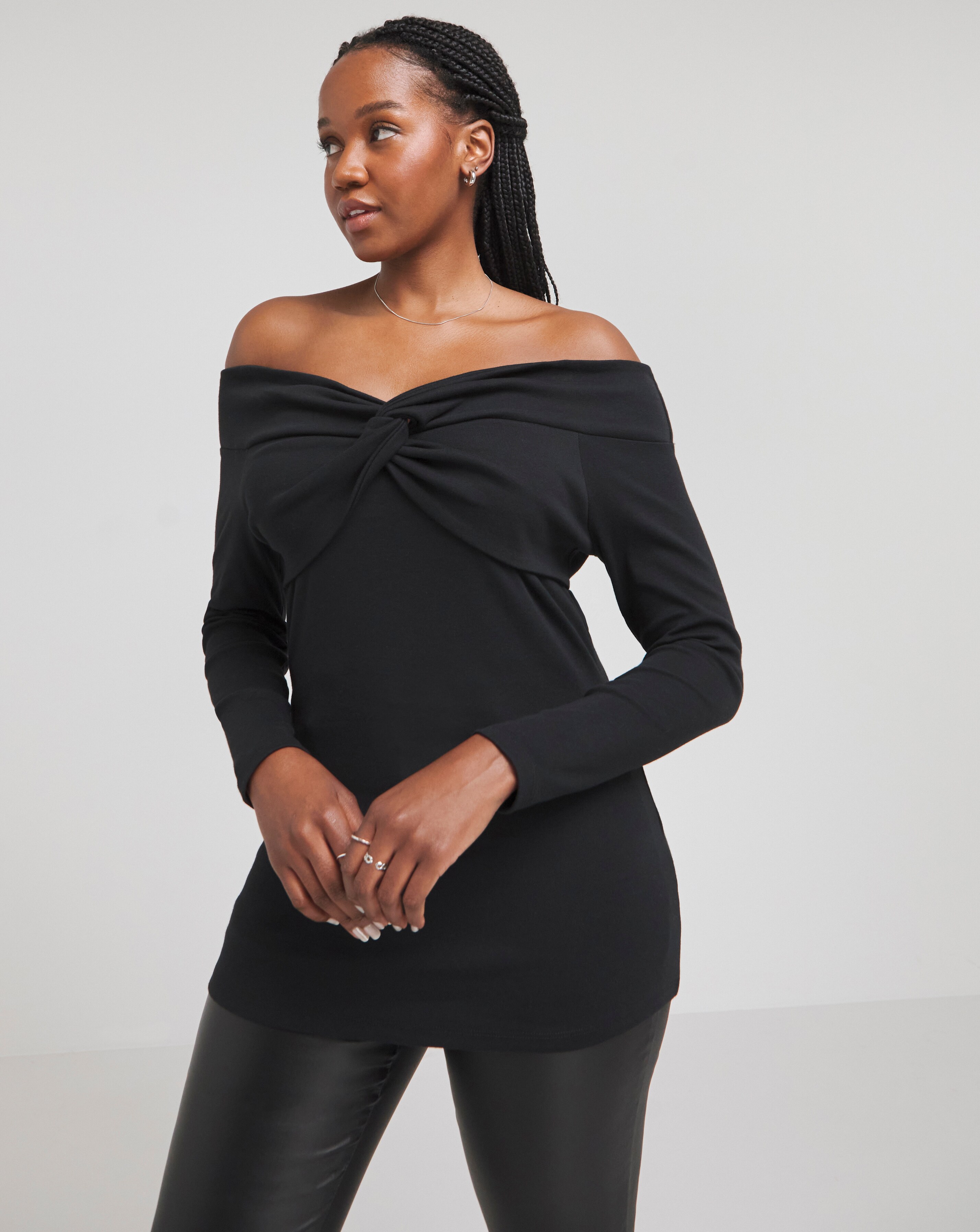 Black Knot Front Bardot Top Simply Be