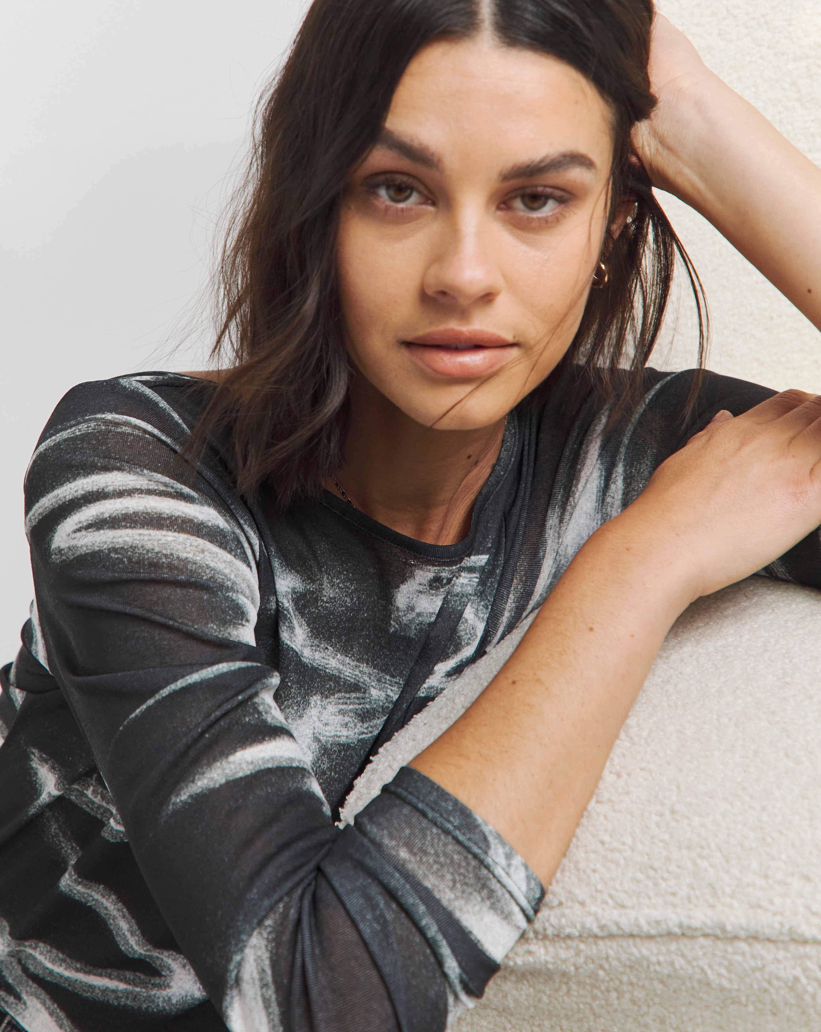 Printed Mesh Scoop Back Top