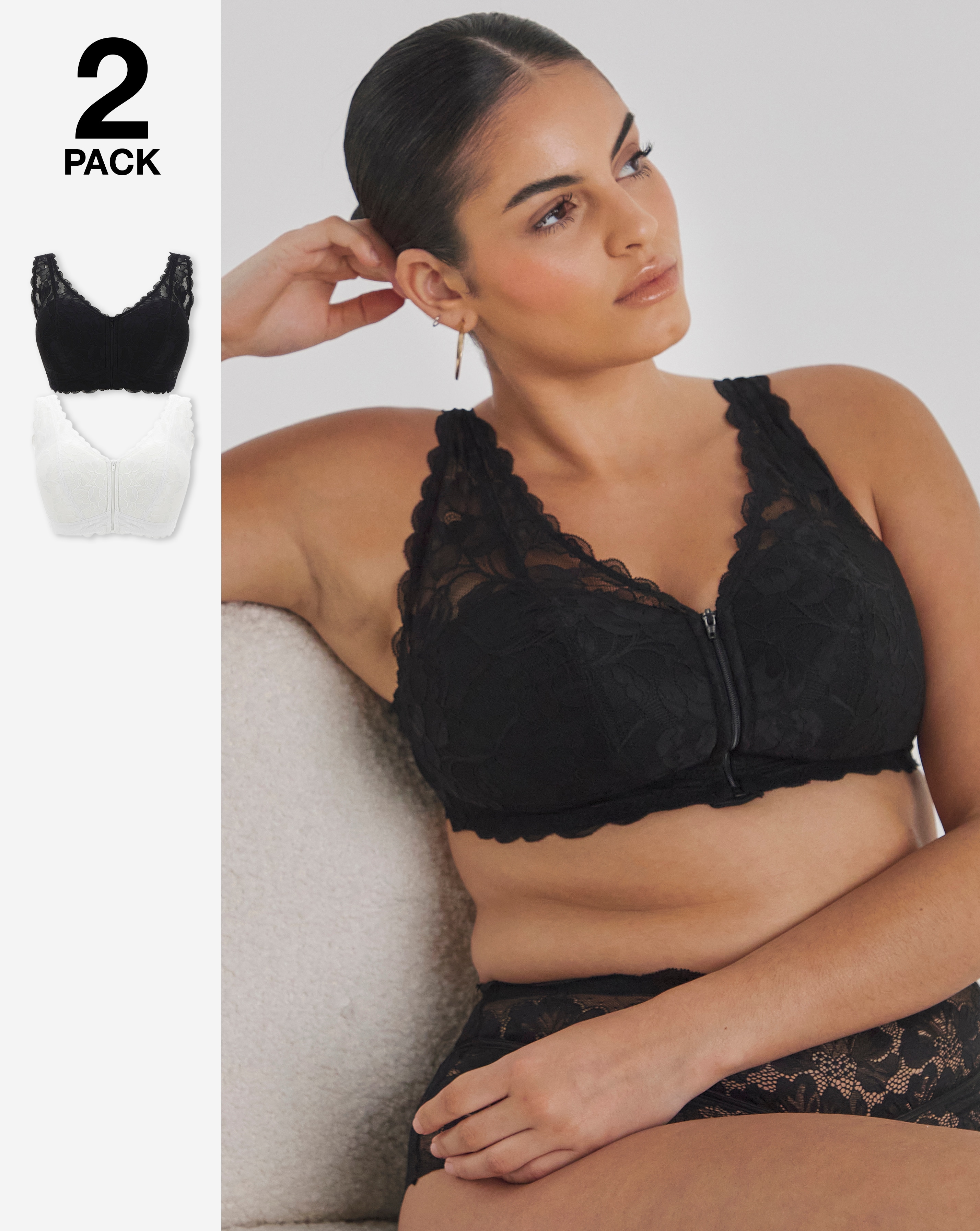 Pretty Secrets 2 Pack Zip Front Lace Trim Comfort Bras In Black/white | UK Size 38B Women's