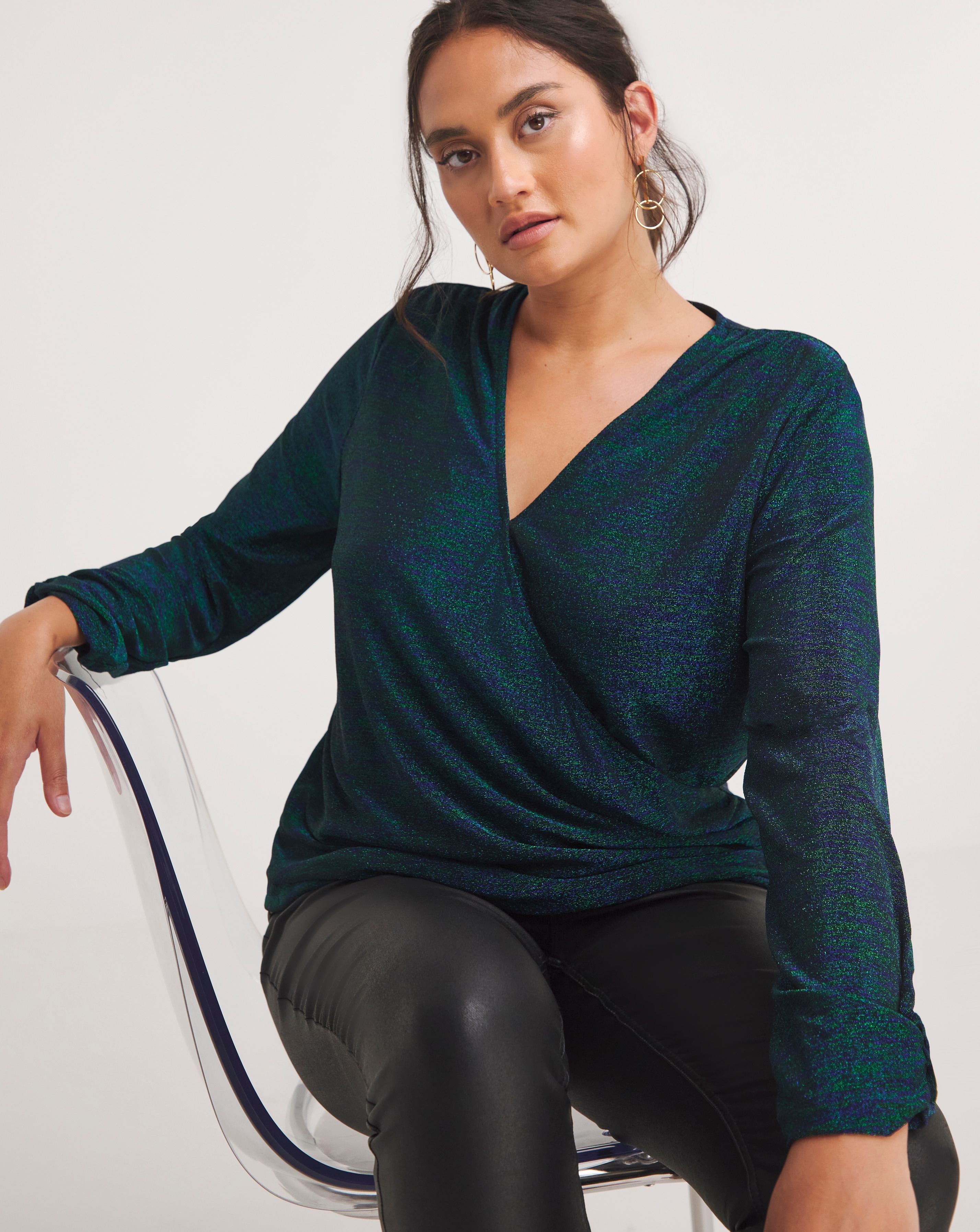 Joanna Hope Glitter Knit Wrap Top