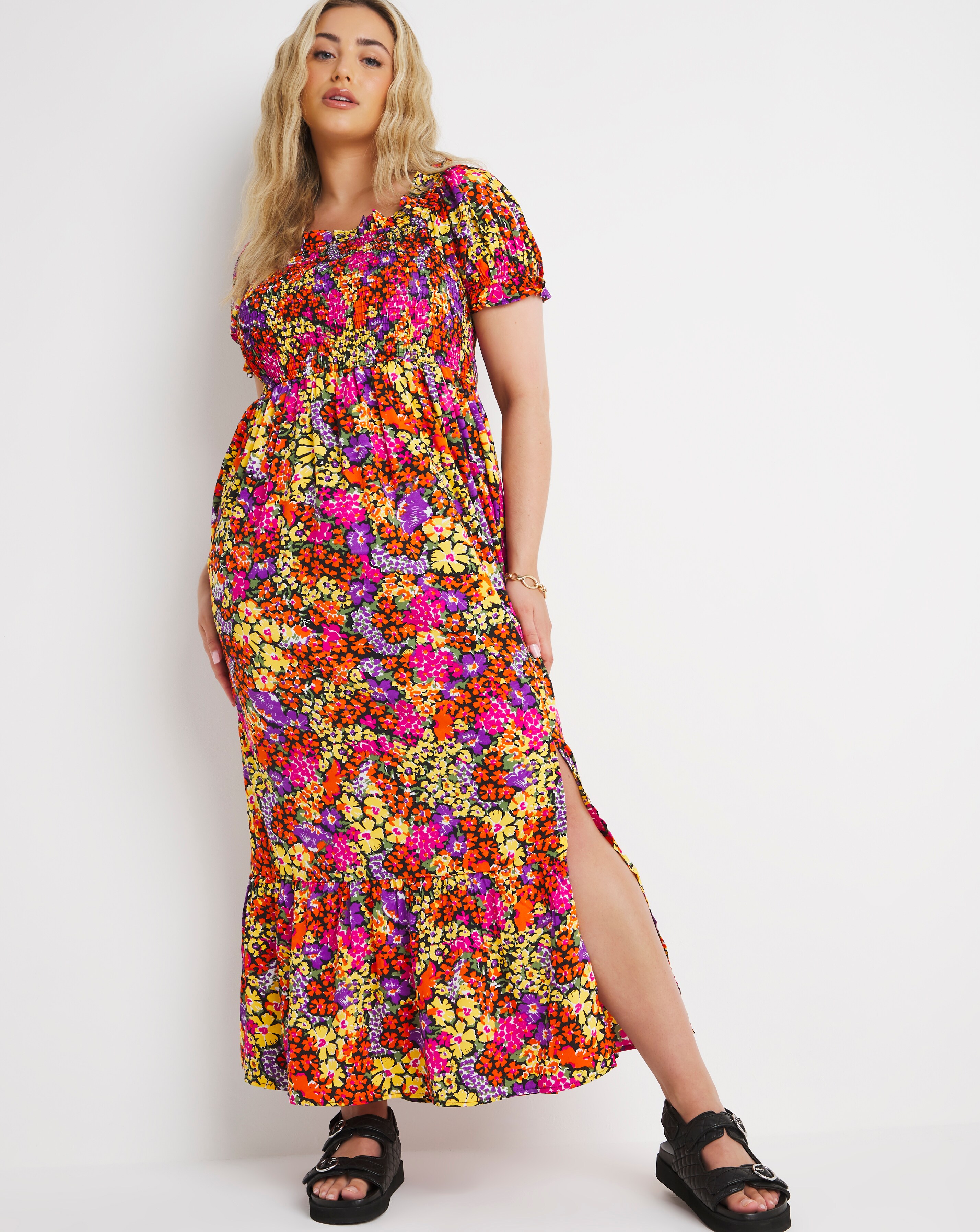 Shirred Bardot Maxi Dress with Split 