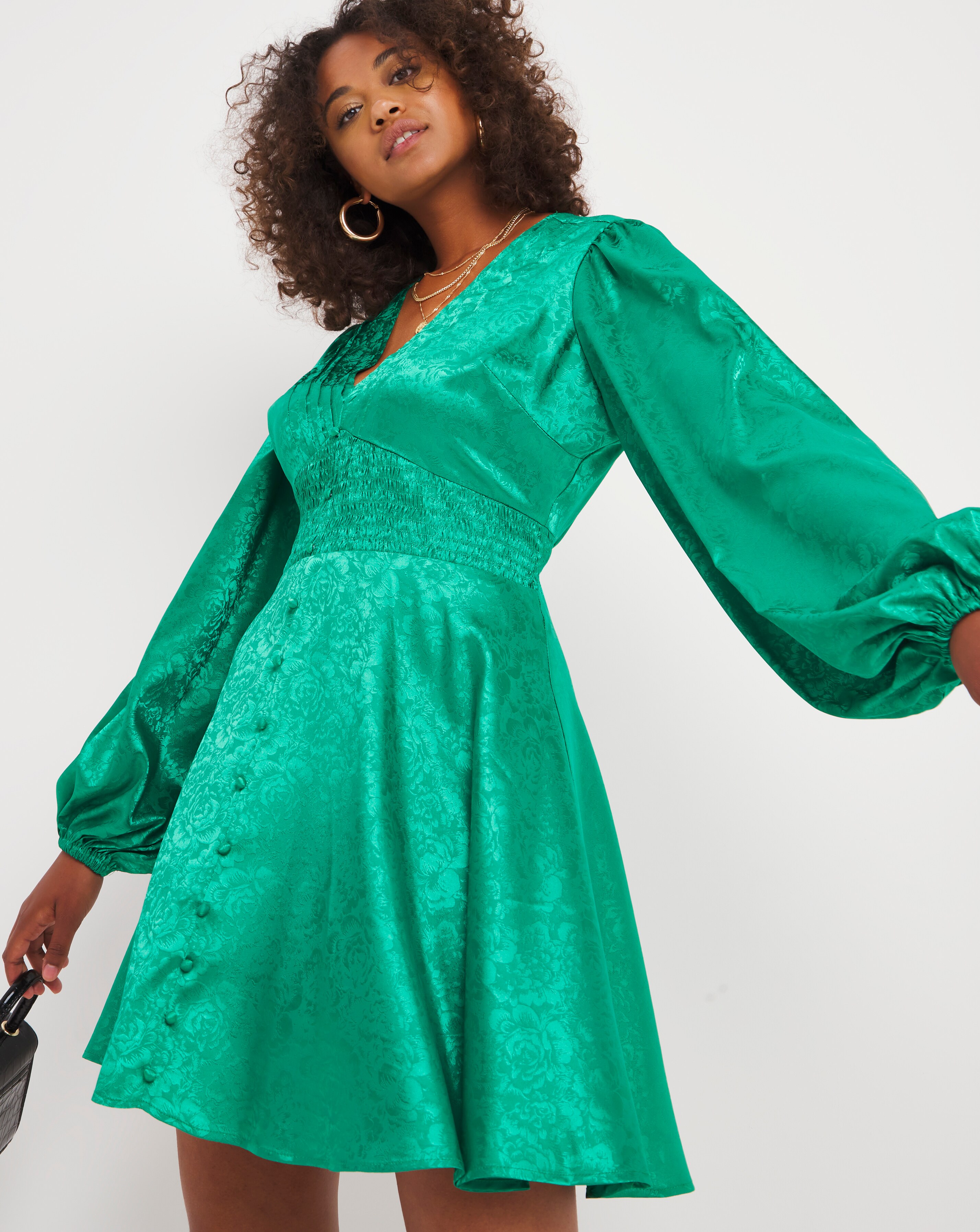 Green Jacquard Balloon Sleeve Skater 