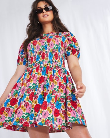 Emma Mattinson Floral Print Shirred Waffle Smock Dress | Simply Be
