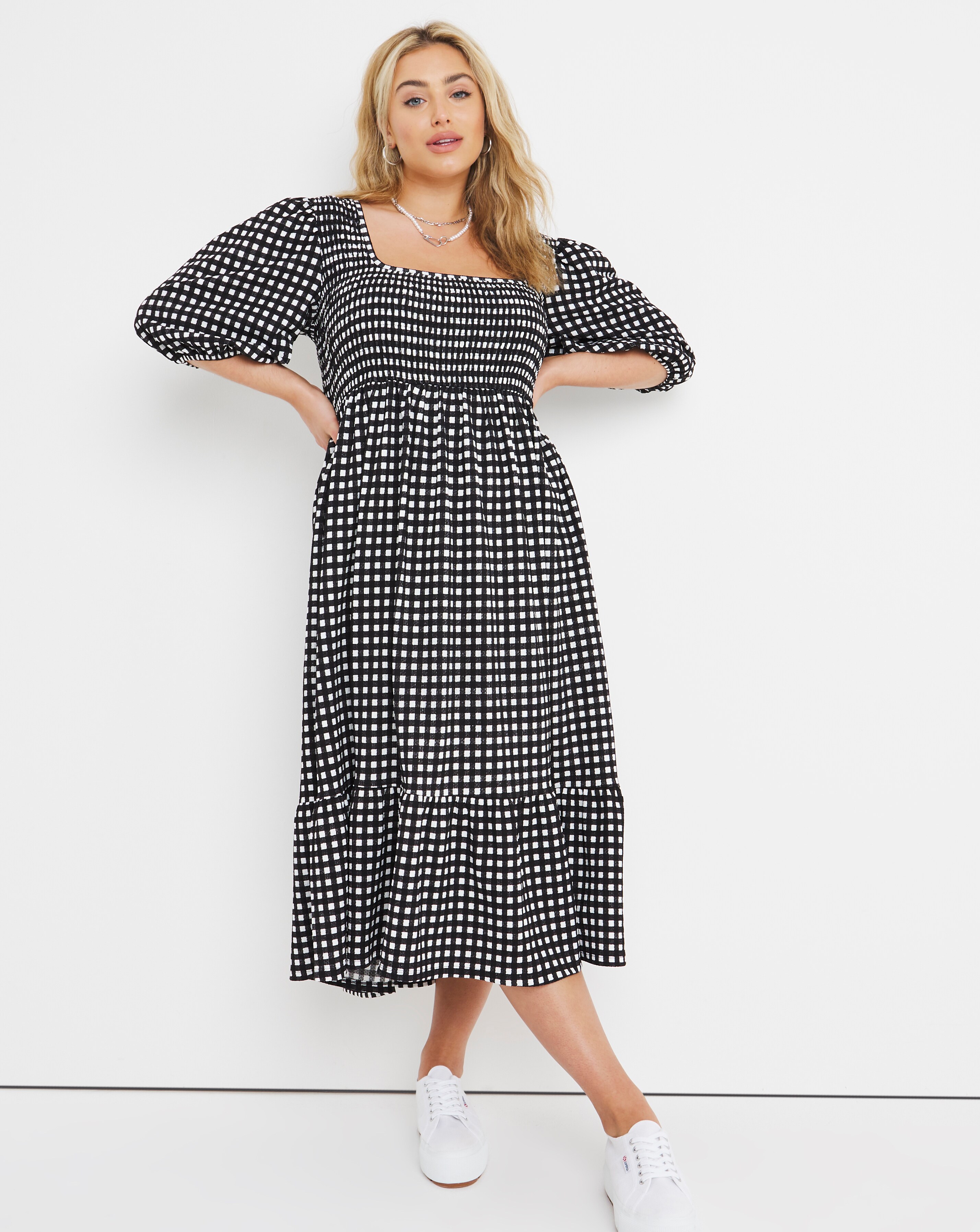 Mono Gingham Square Neck Shirred Waffle 