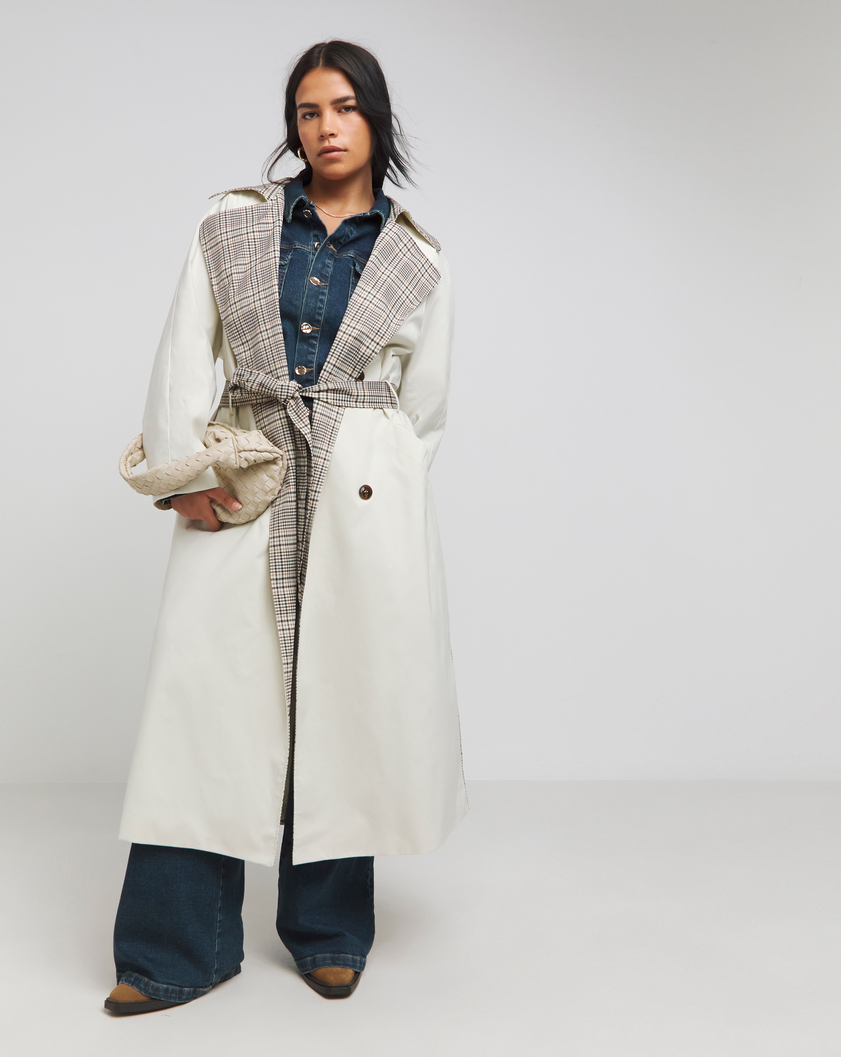 Cream Checked Mix Trench