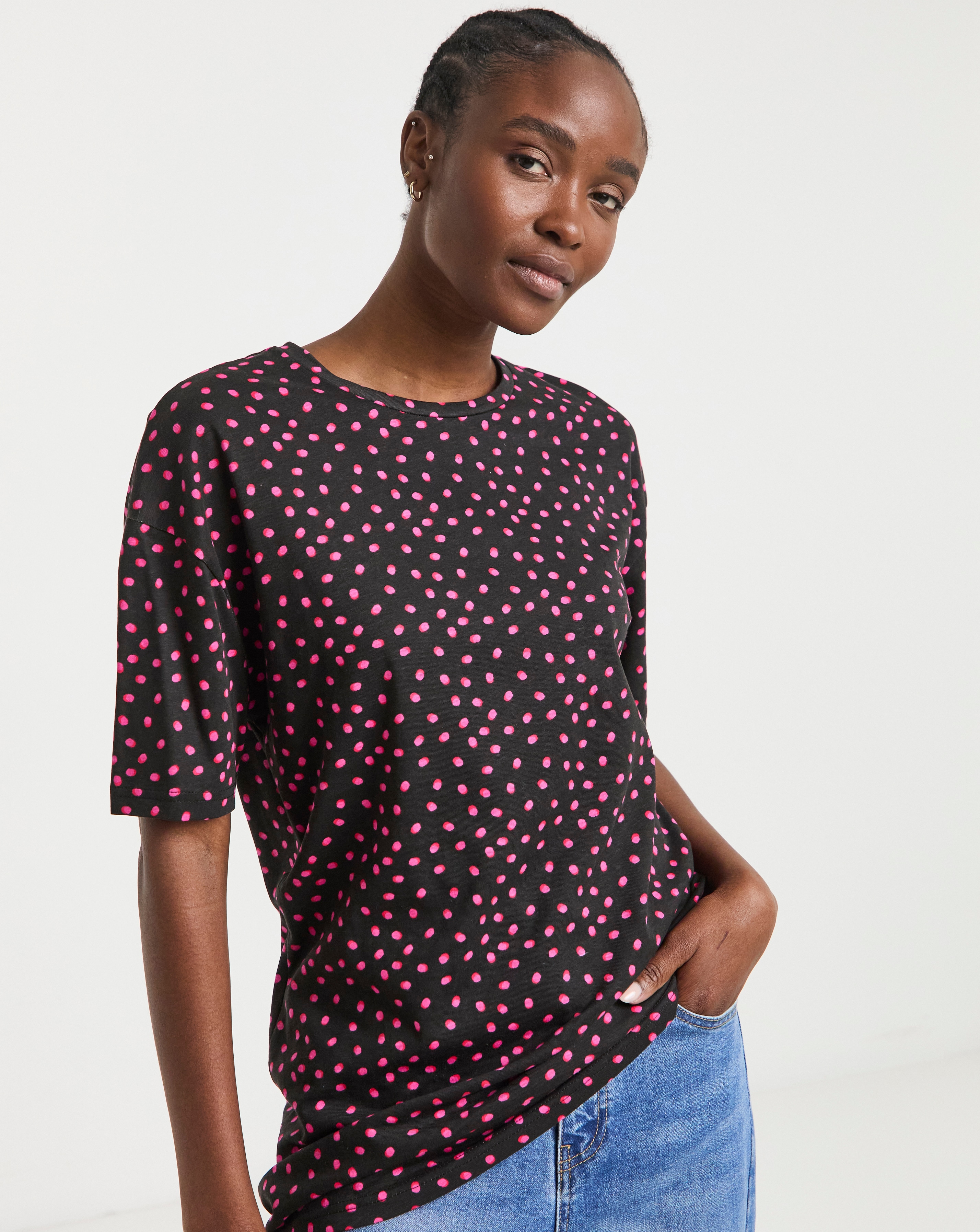 Pink Spot Print Longline Oversized Tee