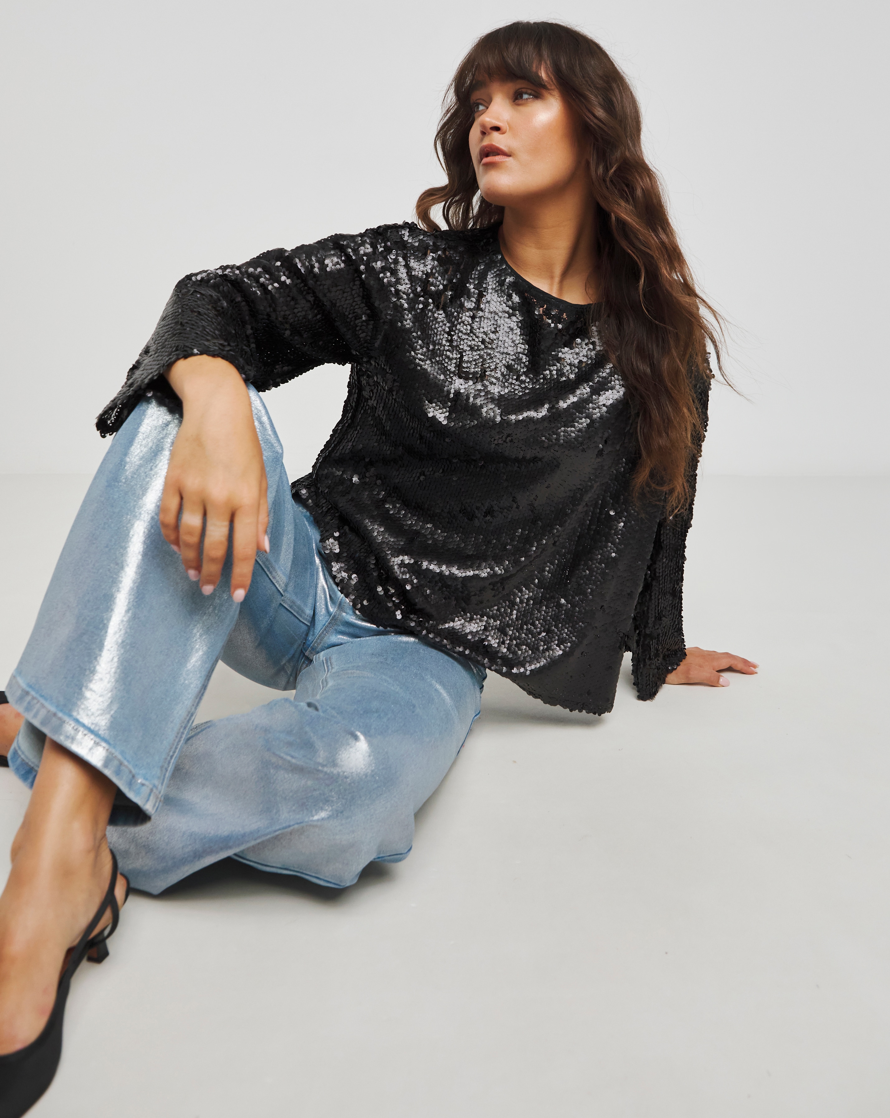 Flared Sleeve Matte Sequin Top