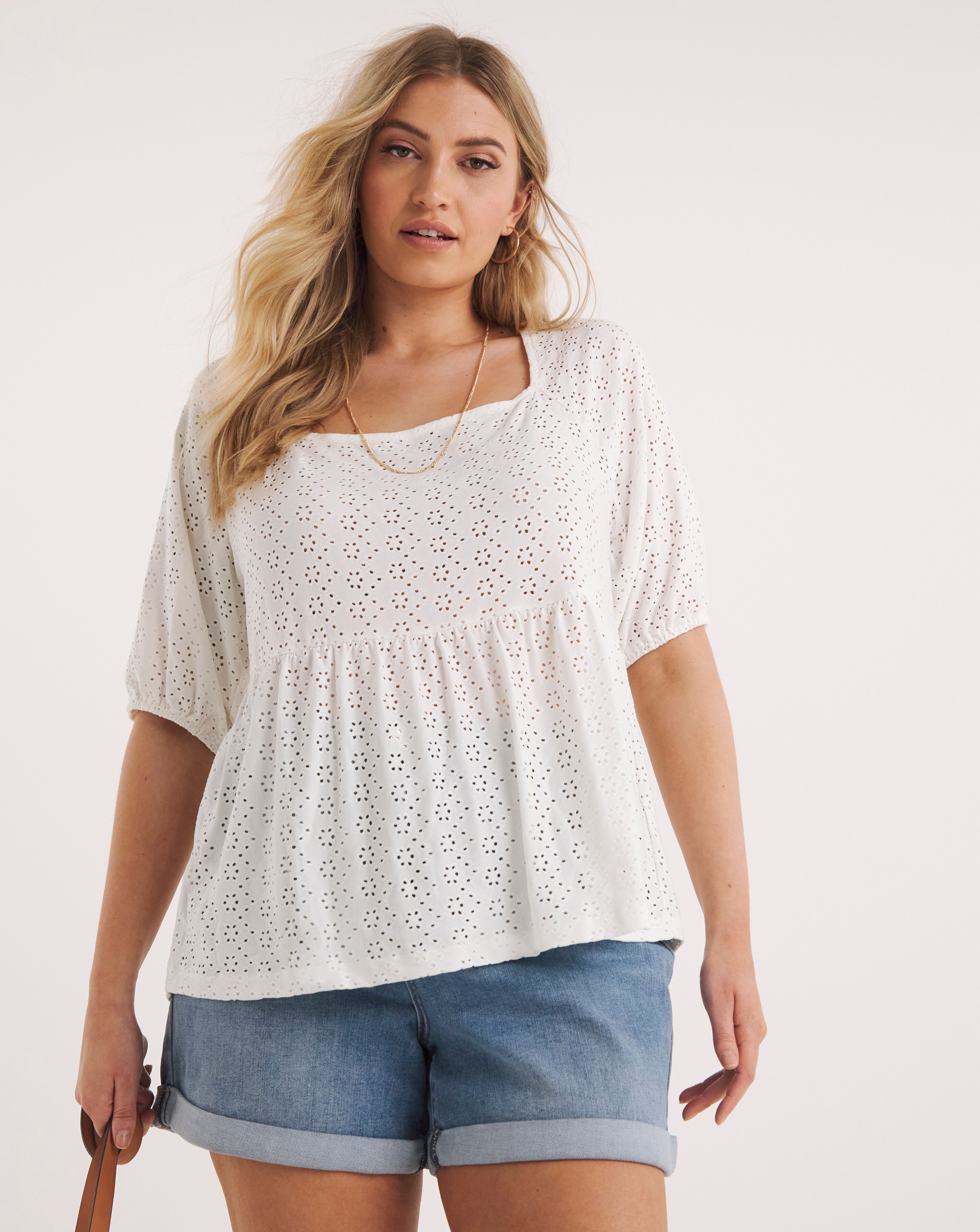 White Jersey Broderie Square Neck Top Simply Be