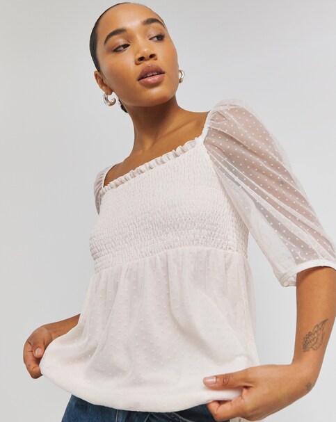 Square Neck Shirred Dobby Top - Pink - Size 10 - Women's
