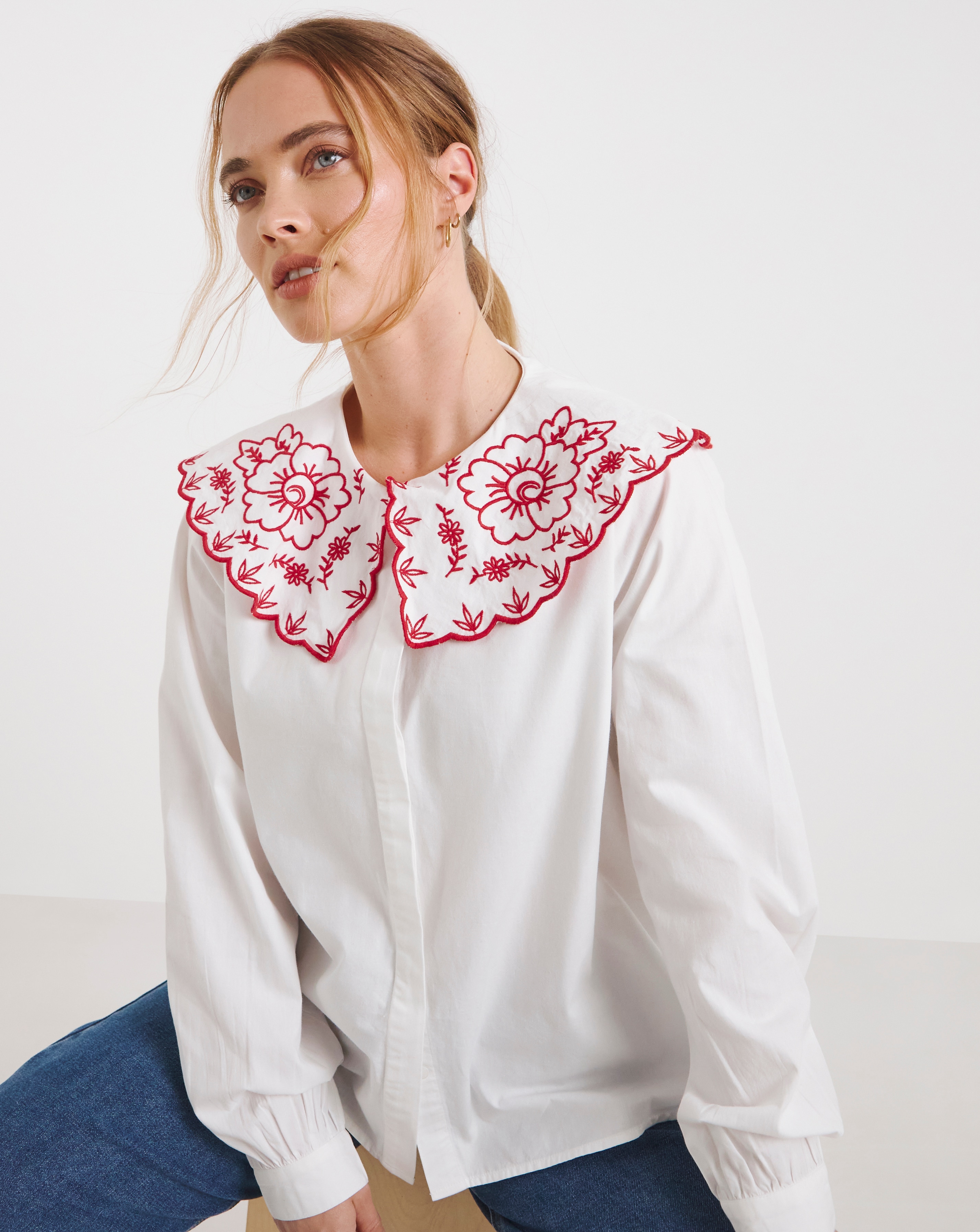 White Embroidered Collared Blouse