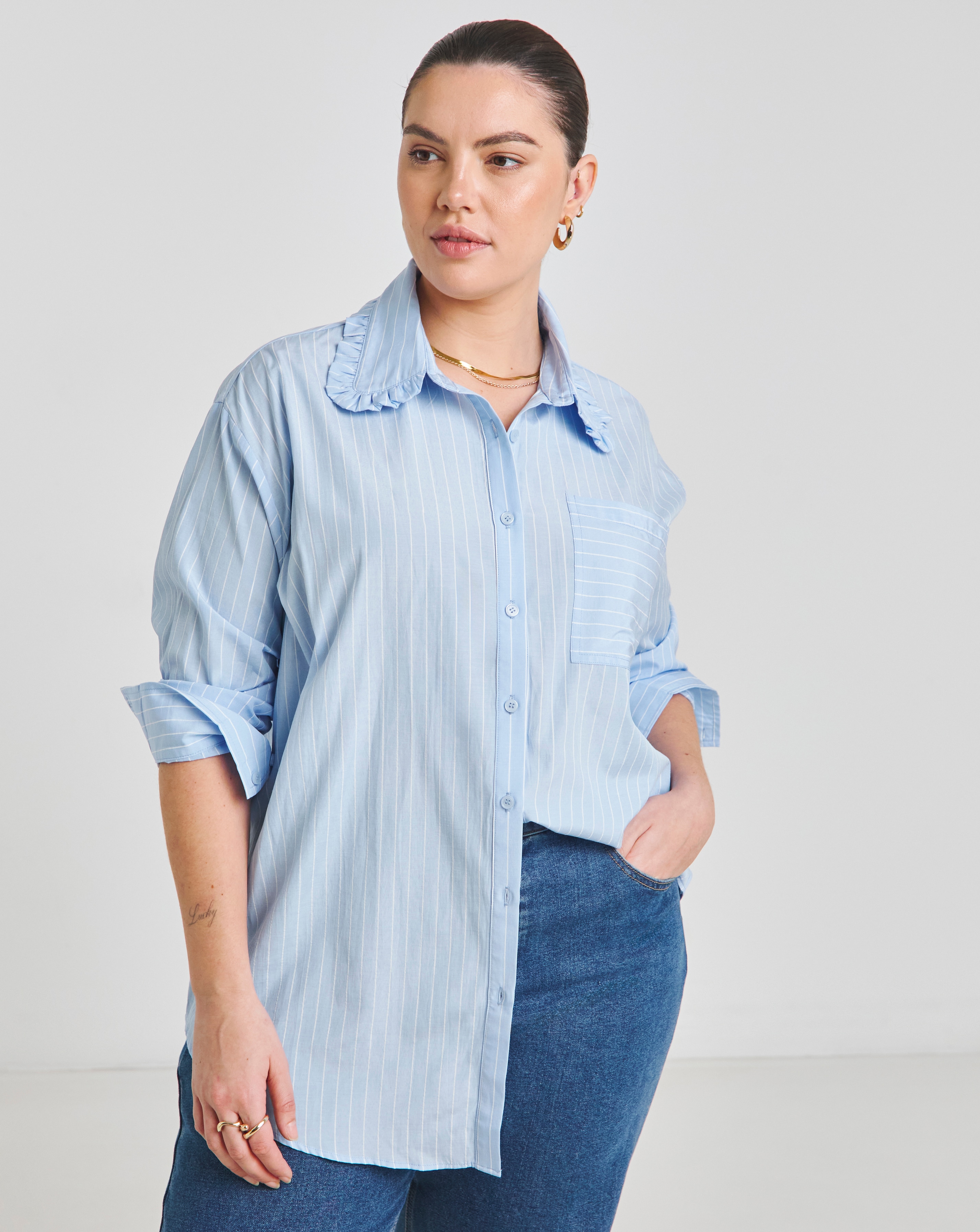 Blue Stripe Ruffle Collar Shirt