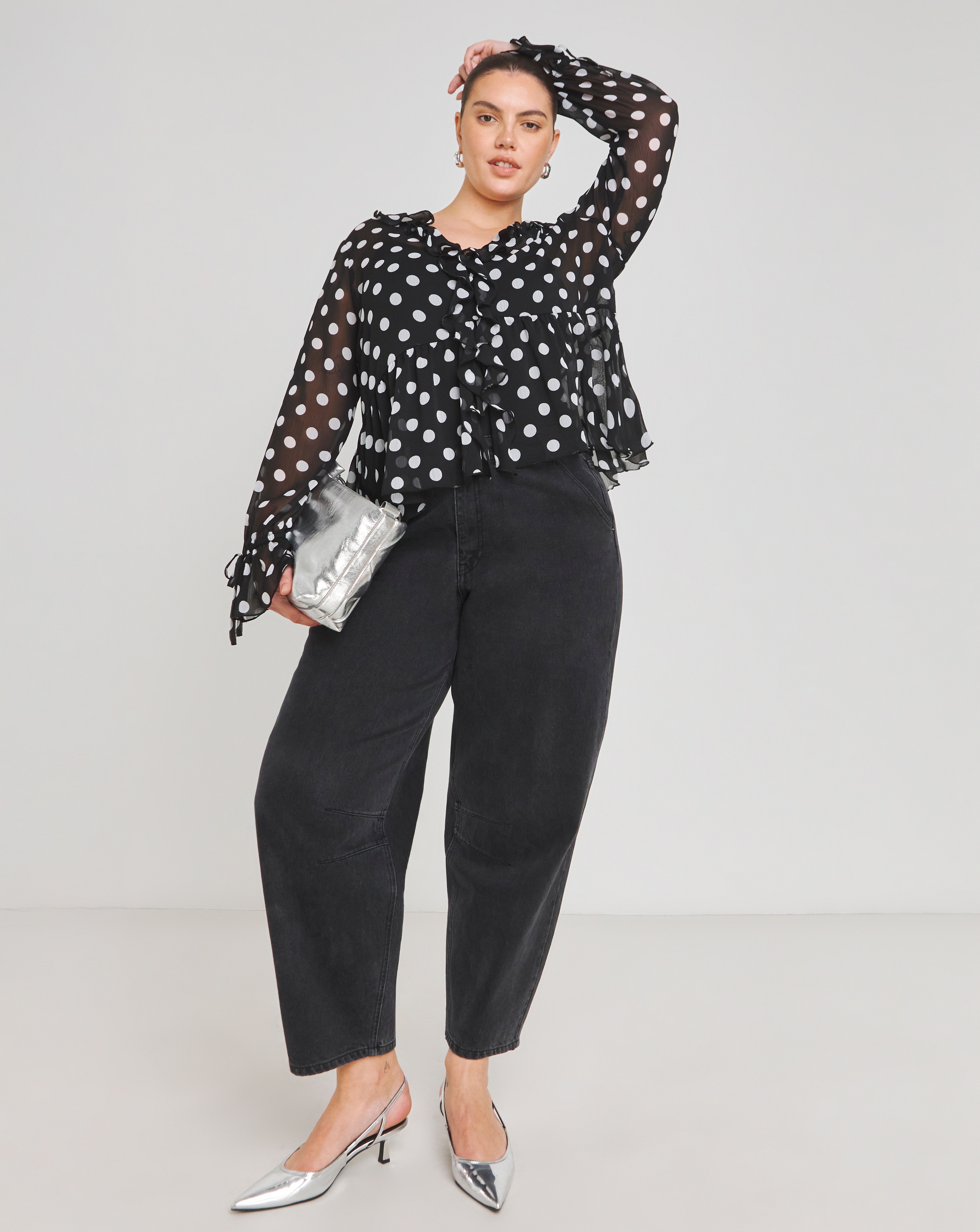 Spot Print Ruffle Front Blouse