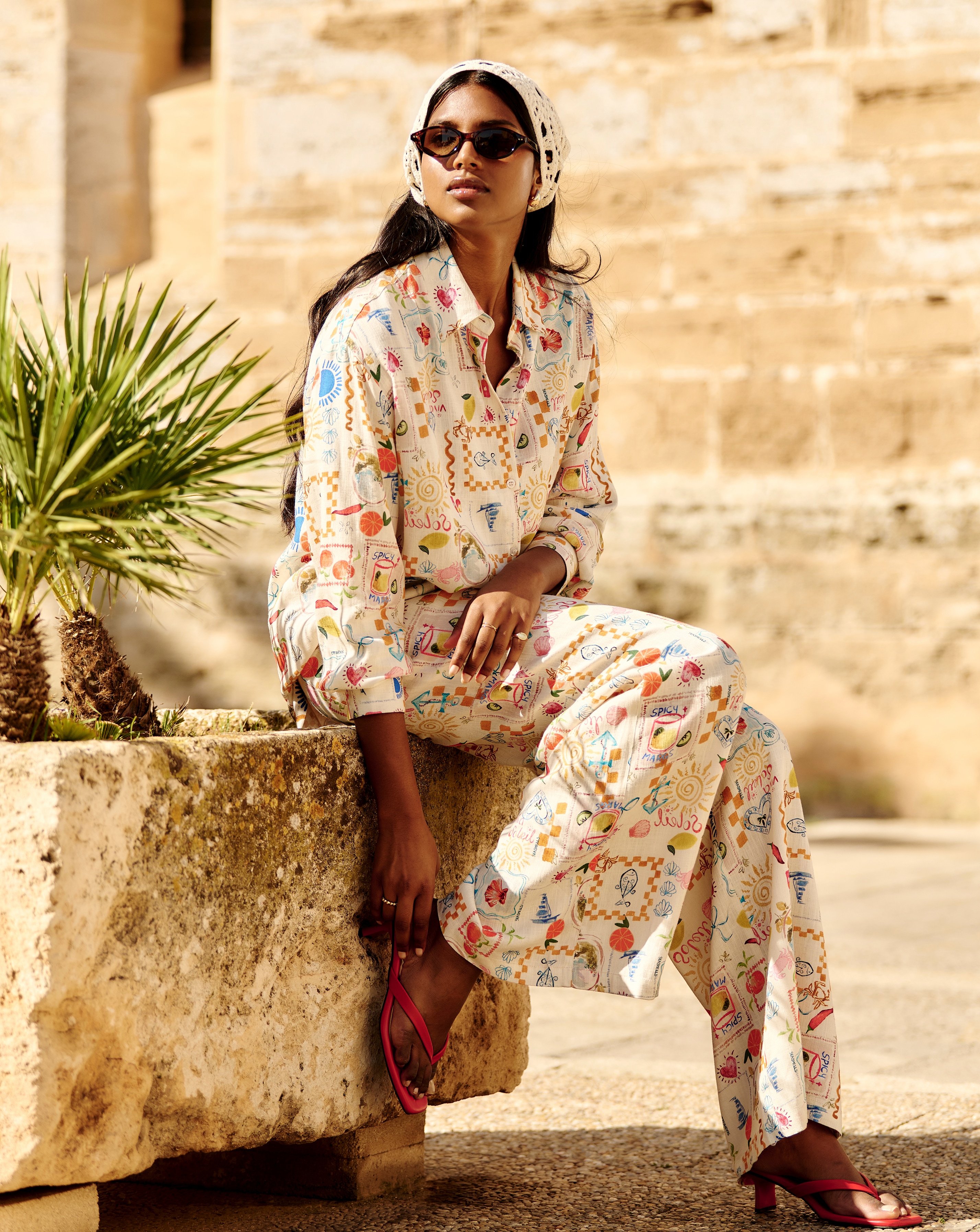 Conversational Print Linen Blend Shirt