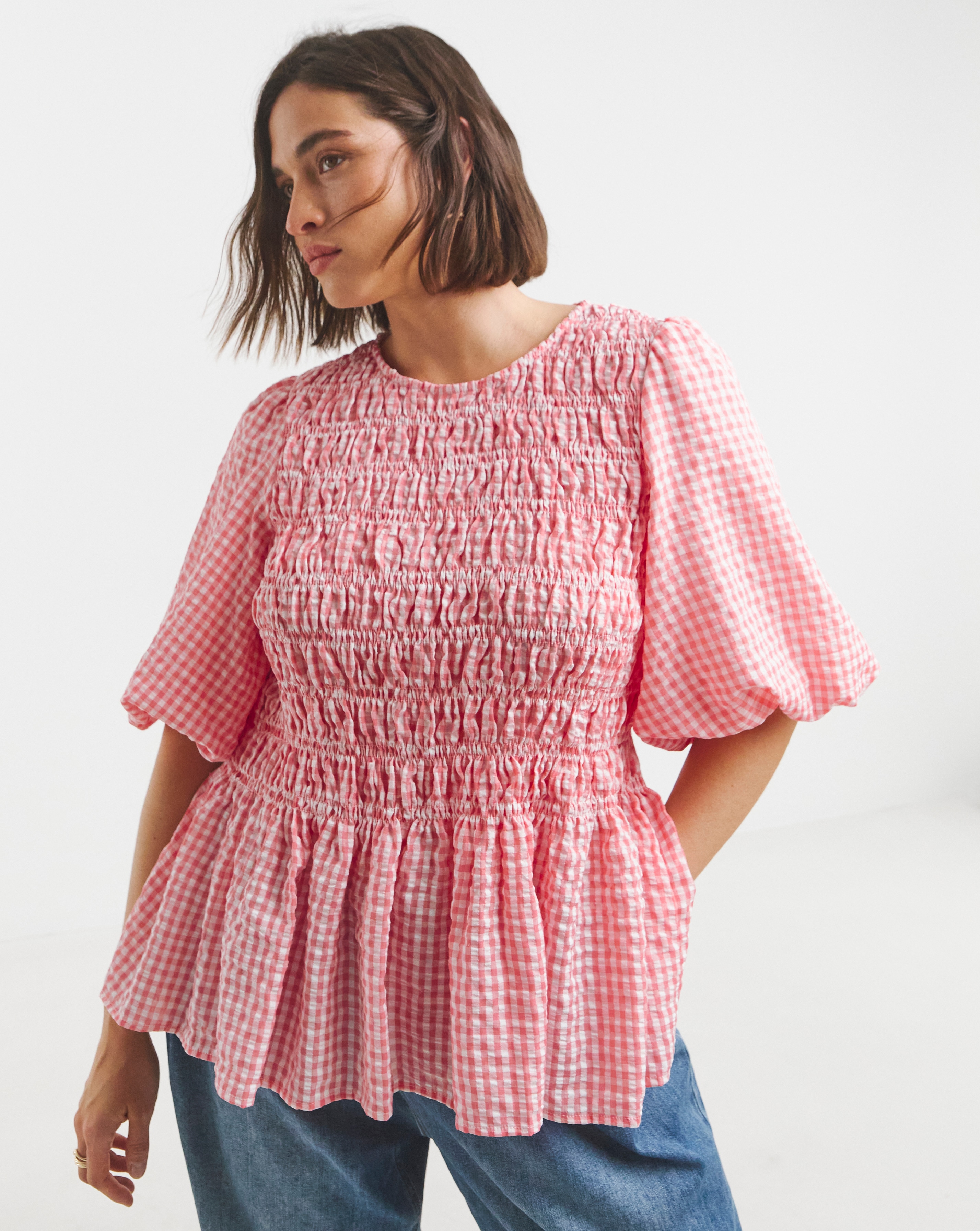 Simply Be Pink Gingham Shirred Blouse