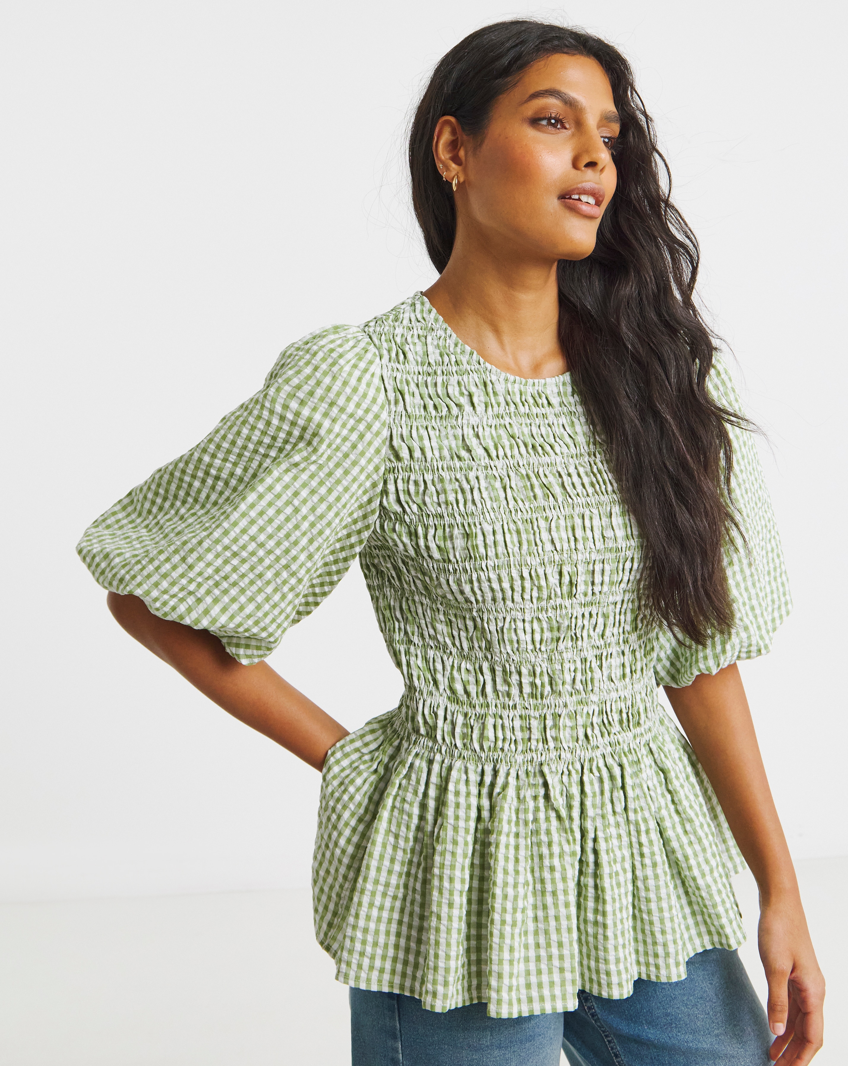 Gingham Shirred Peplum Blouse
