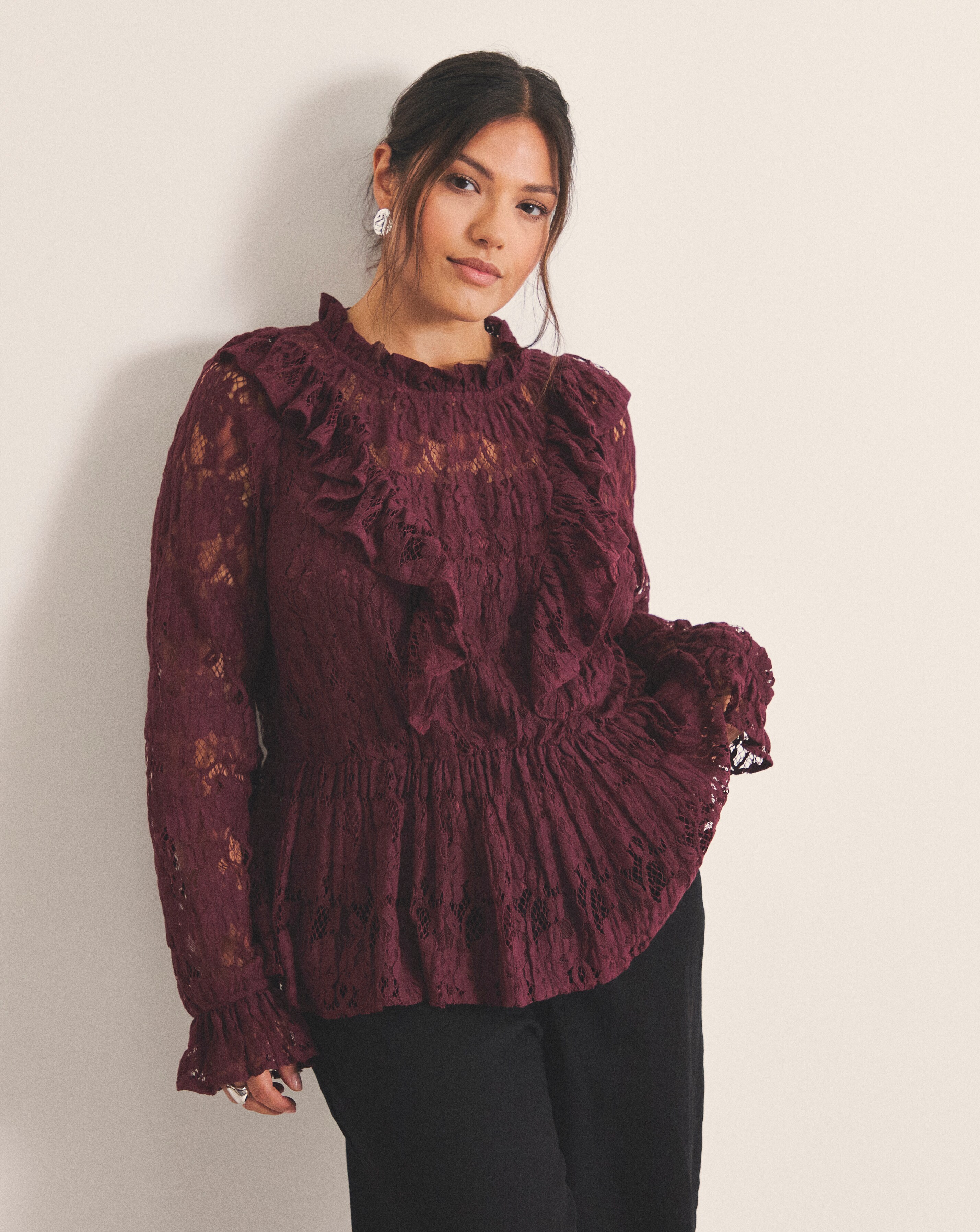 New In - Burgundy Lace Peplum Blouse