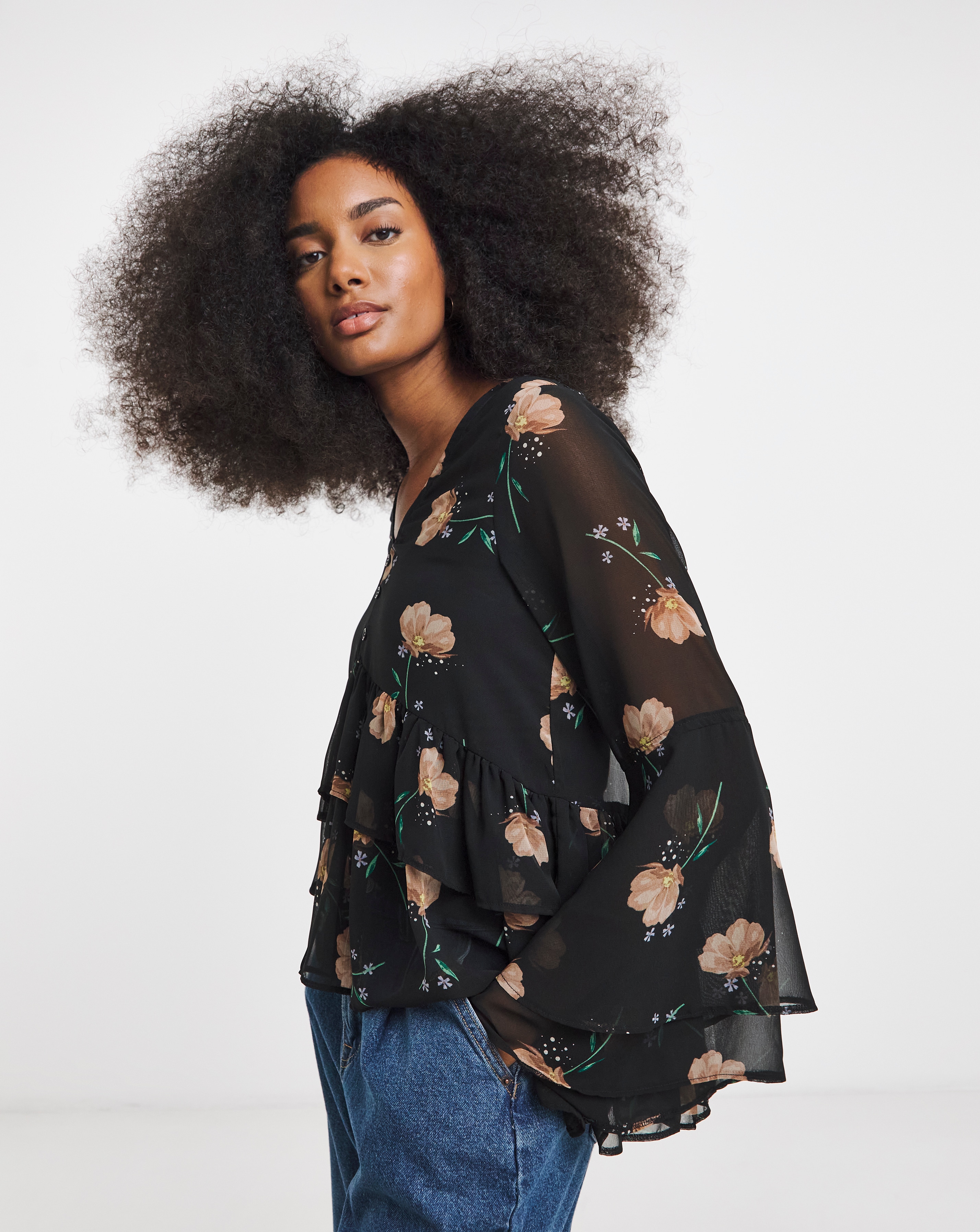 Black Floral Georgette Historical Blouse