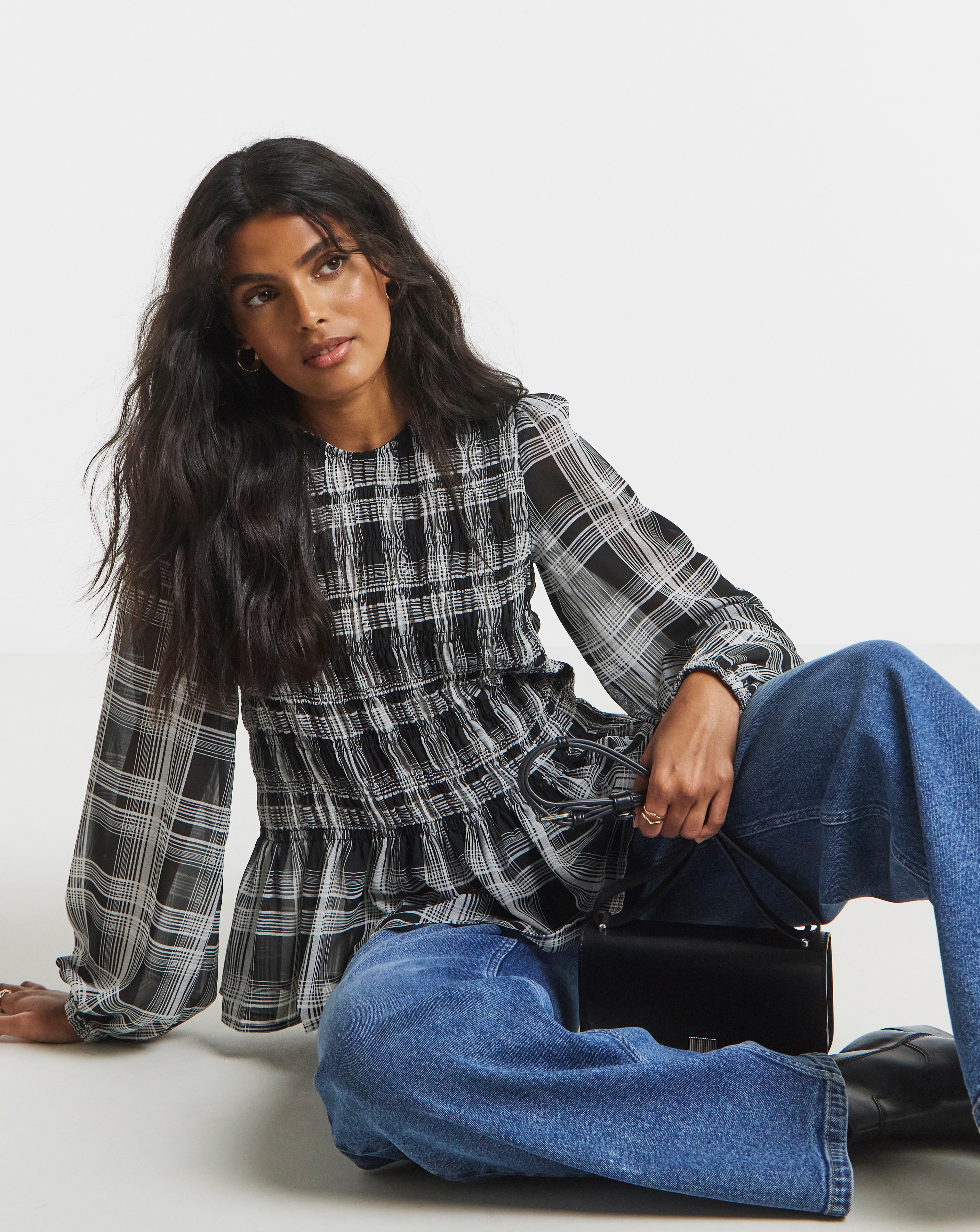 Check Shirred Seersucker Blouse