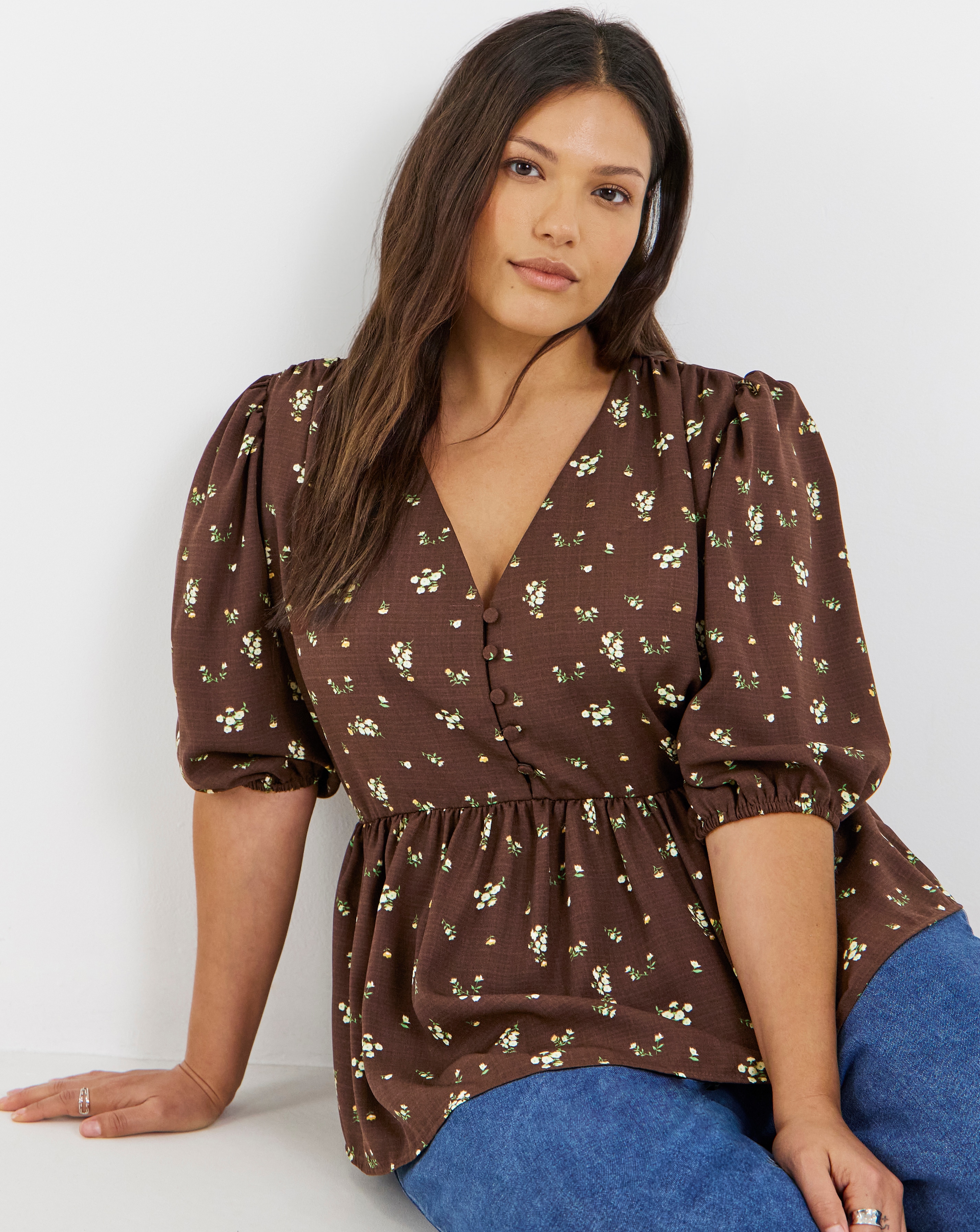 Button Through Chocolate Peplum Blouse