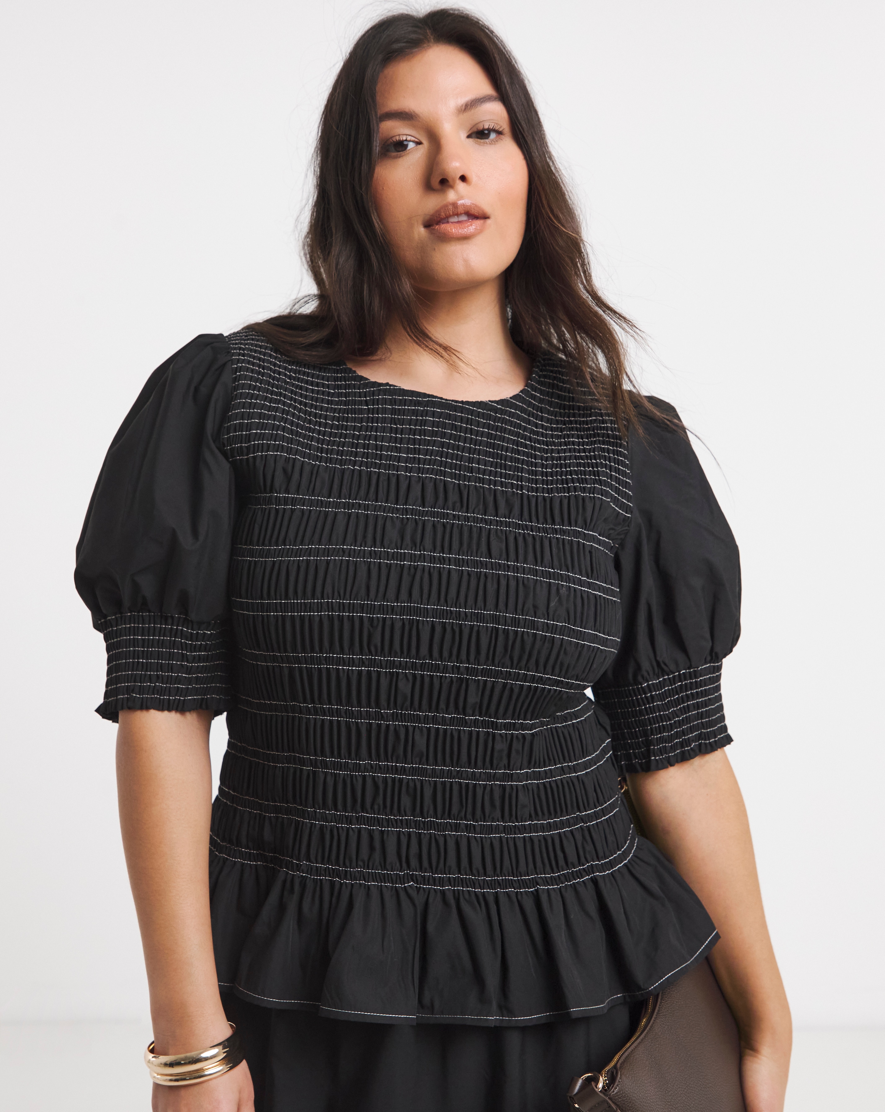 New In - Black Smocked Poplin Blouse