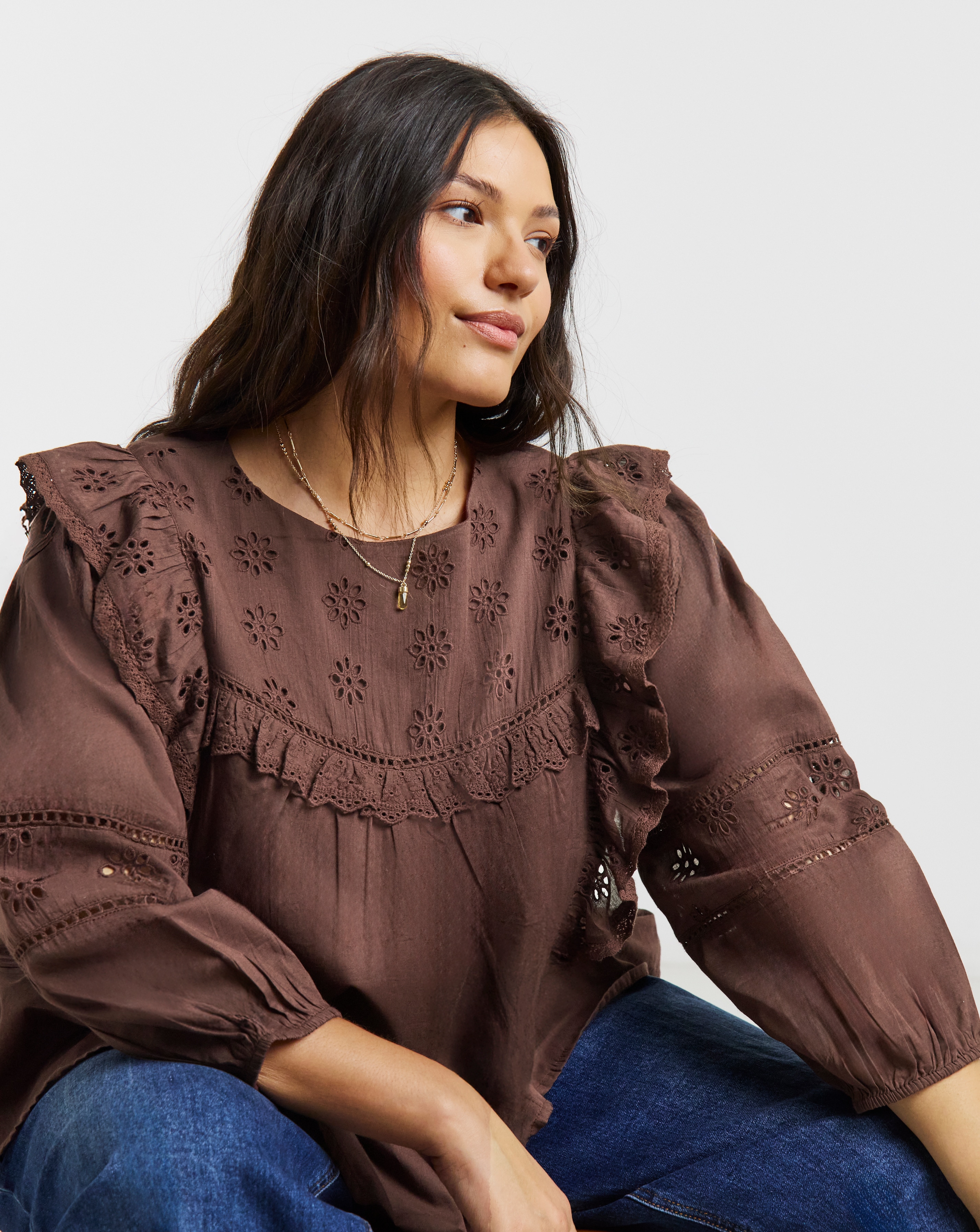 New In - Brown Broderie Yoke Blouse