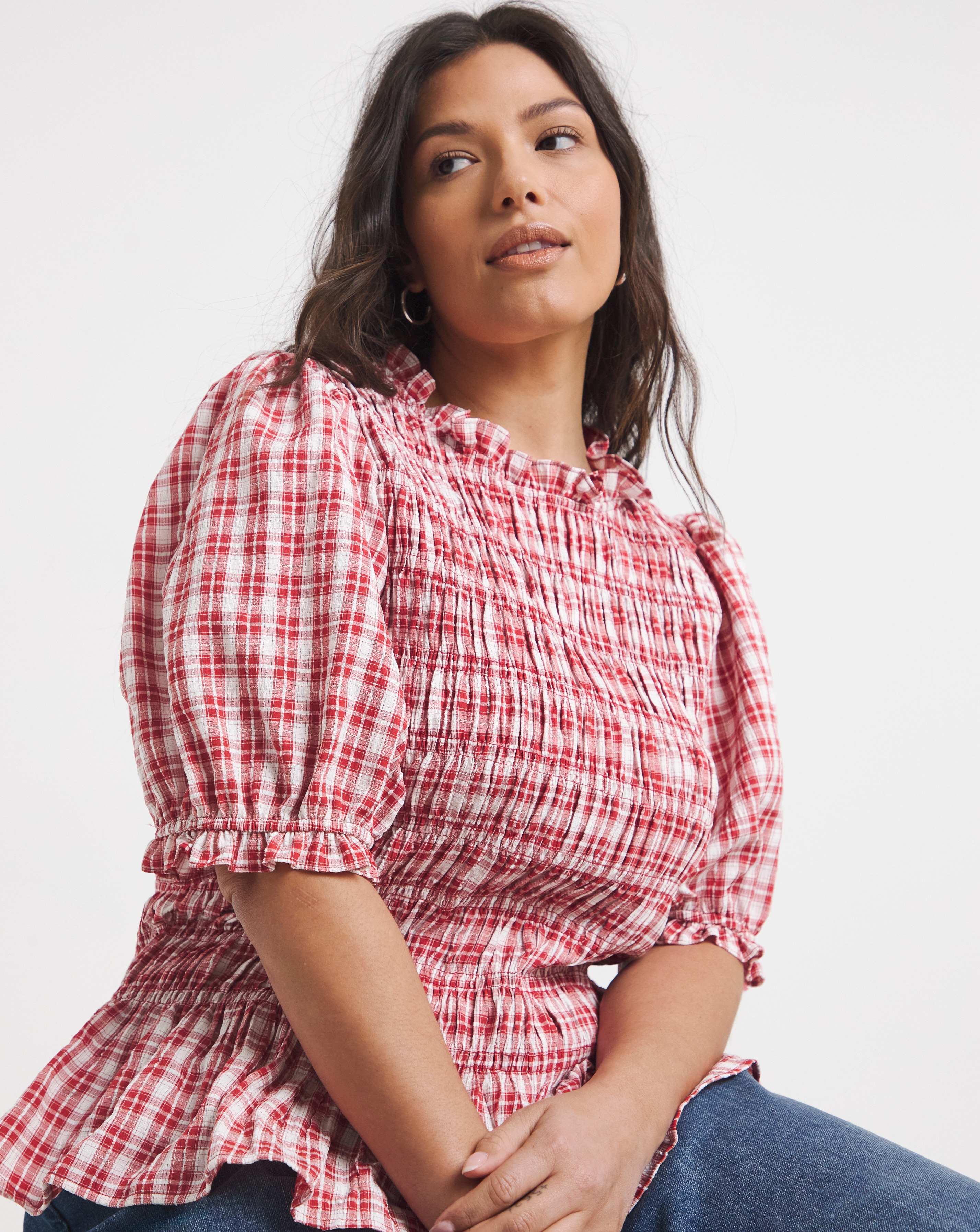 New In - Red Check Peplum Blouse