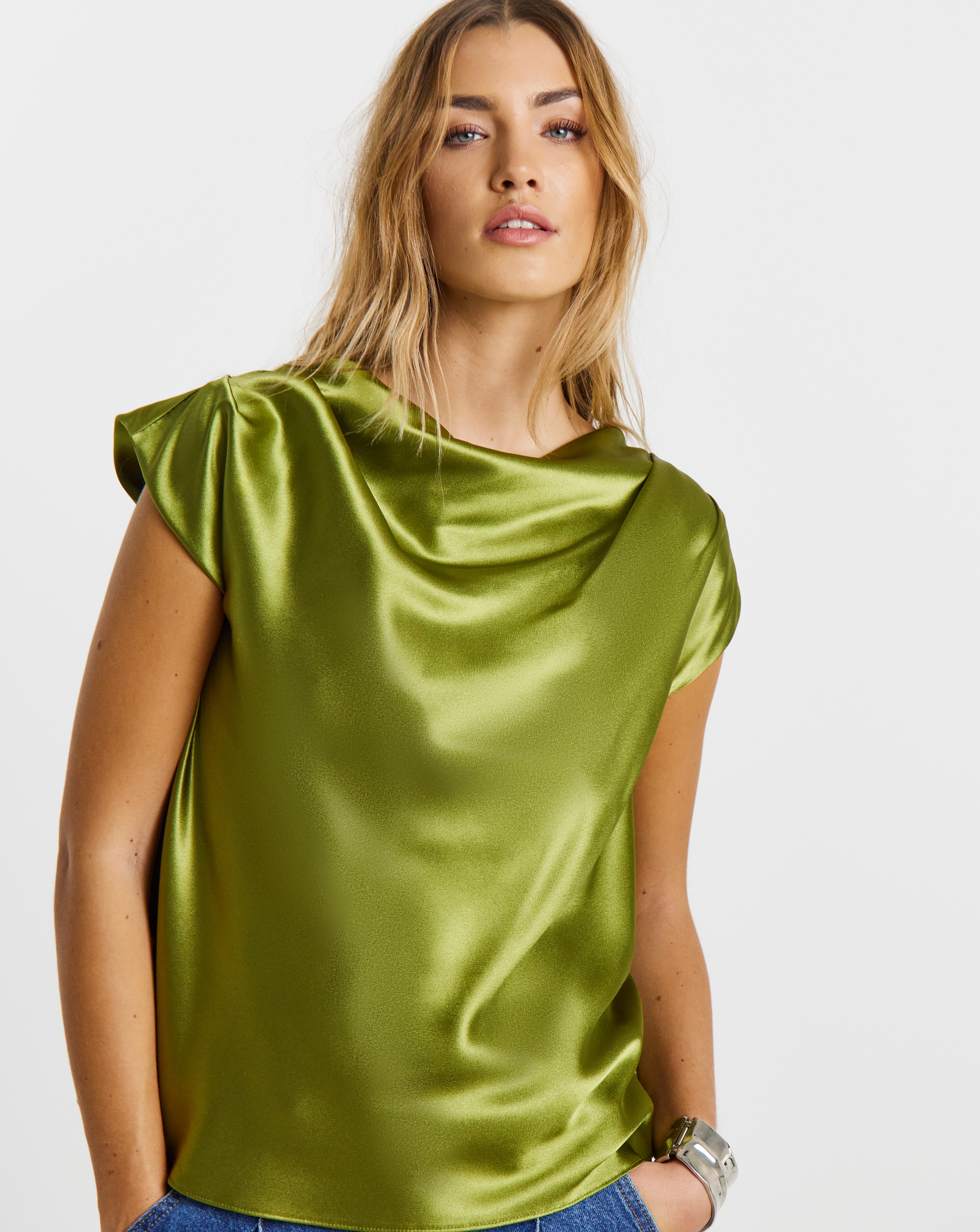 Olive Satin Drape Blouse