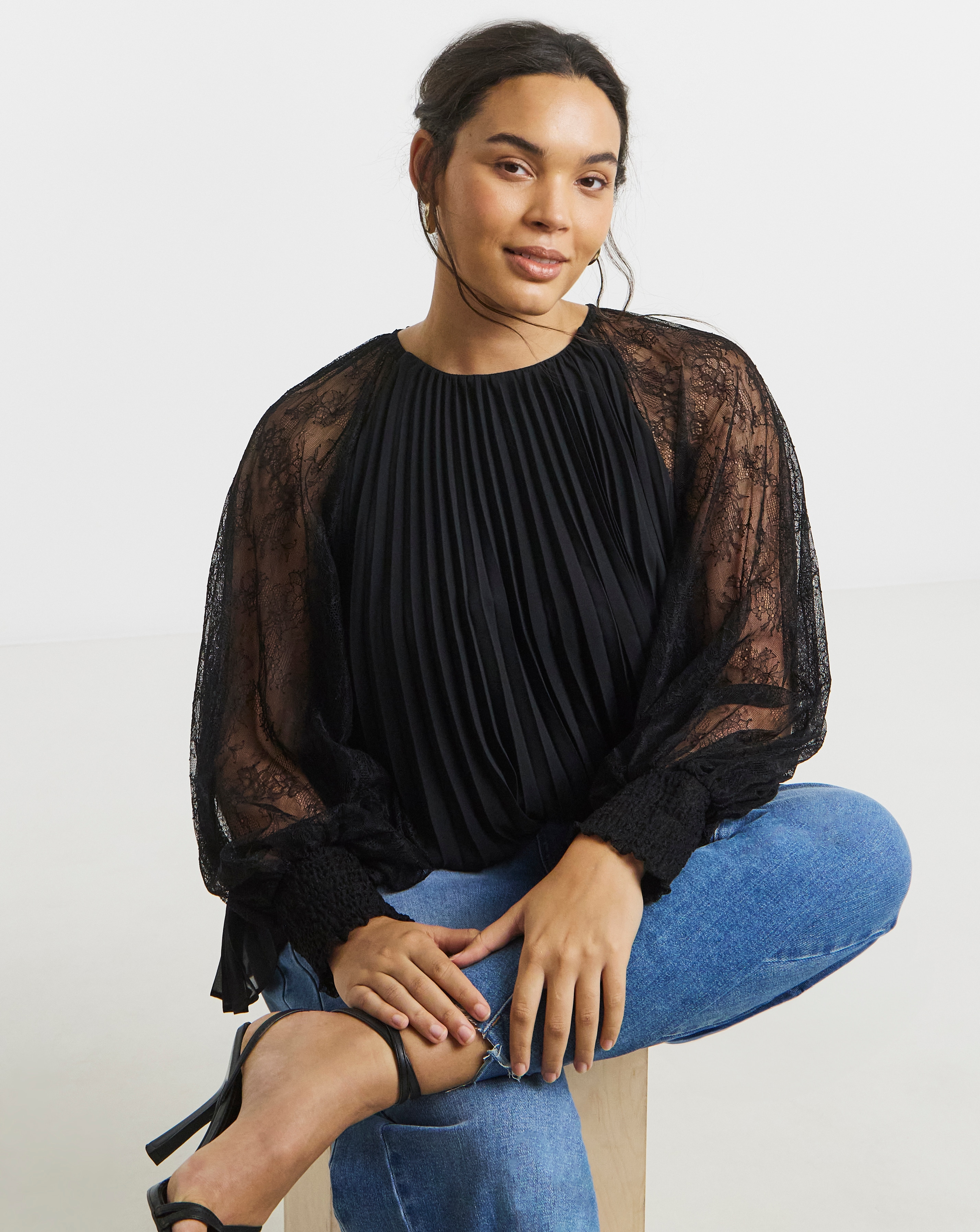 Joanna Hope Pleated Lace Blouse