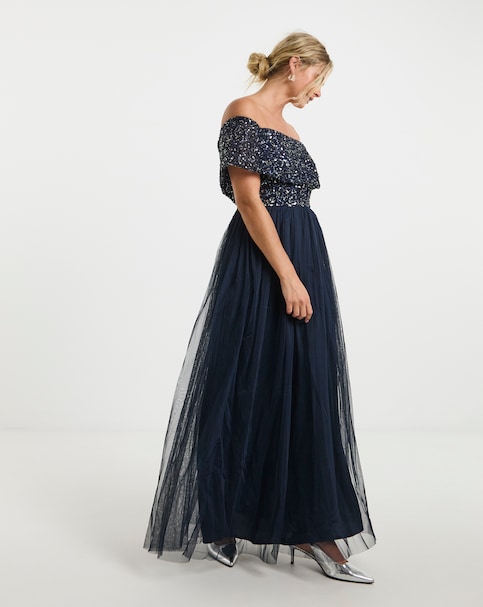 Maya Curve Embellished Bardot Maxi Dress