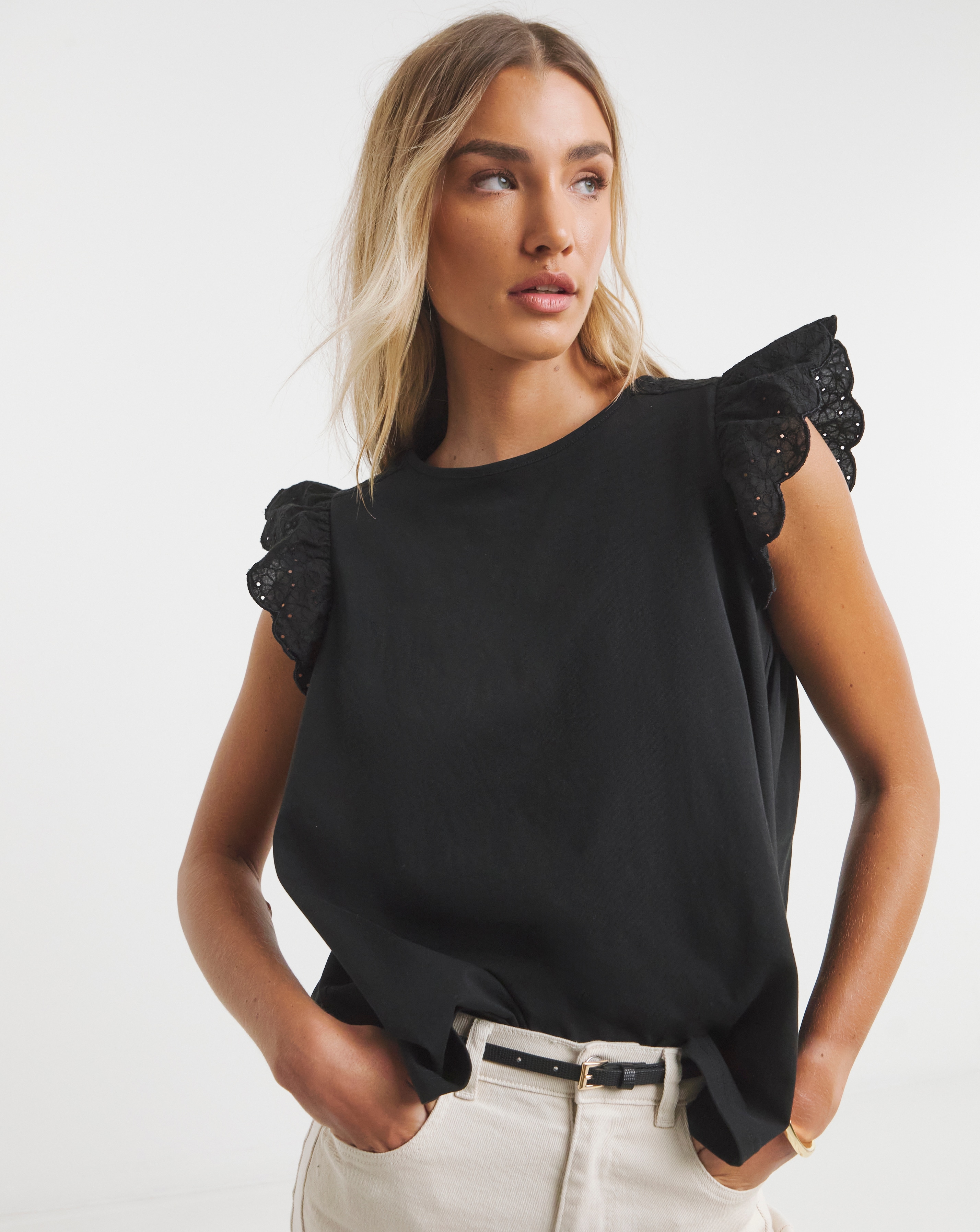 Broderie Frill Sleeve Top with Tie