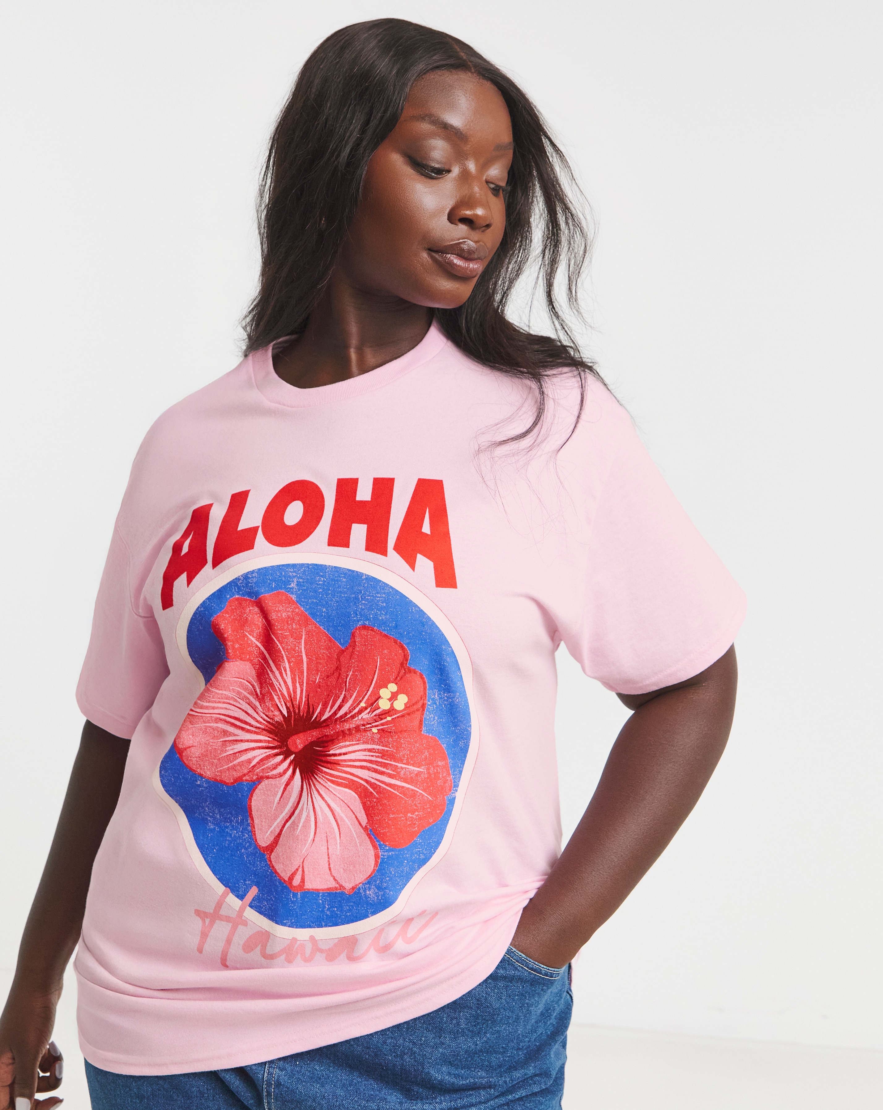 Simply Be Aloha Floral Slogan T-Shirt