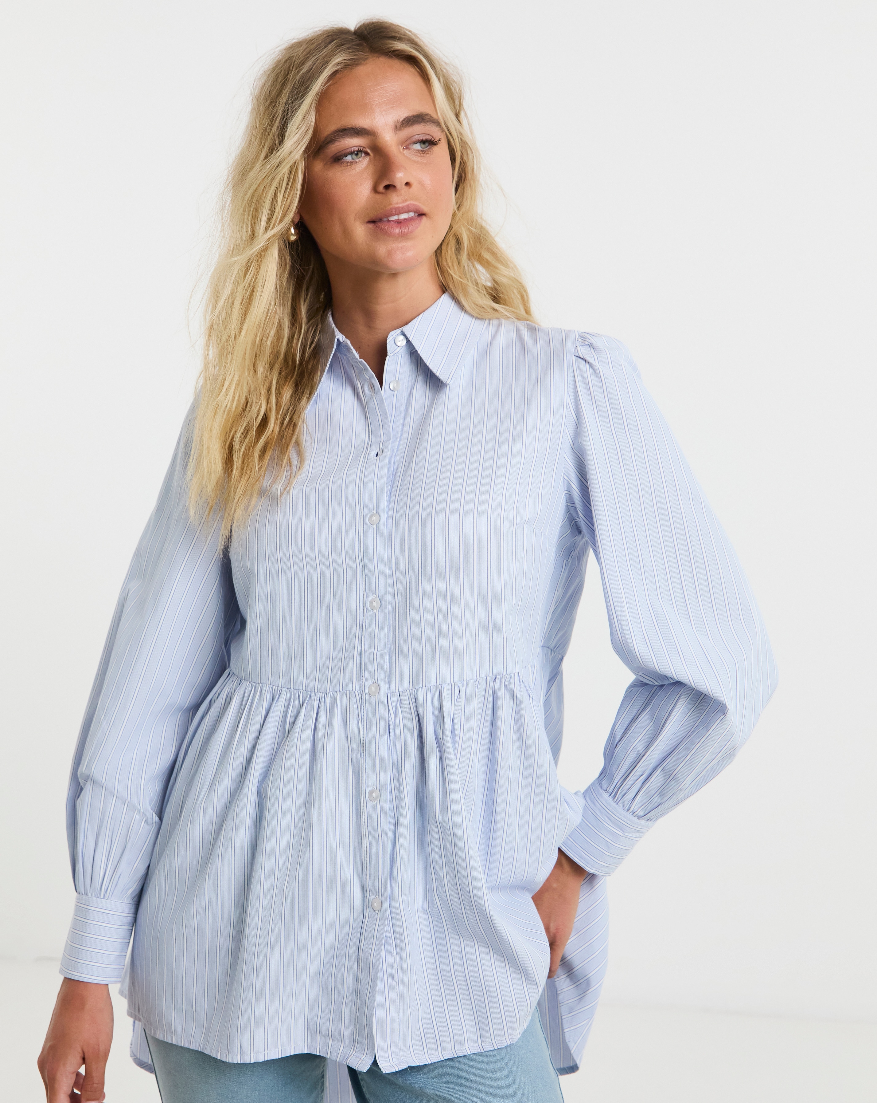 Blue Dip Back Longline Peplum Shirt