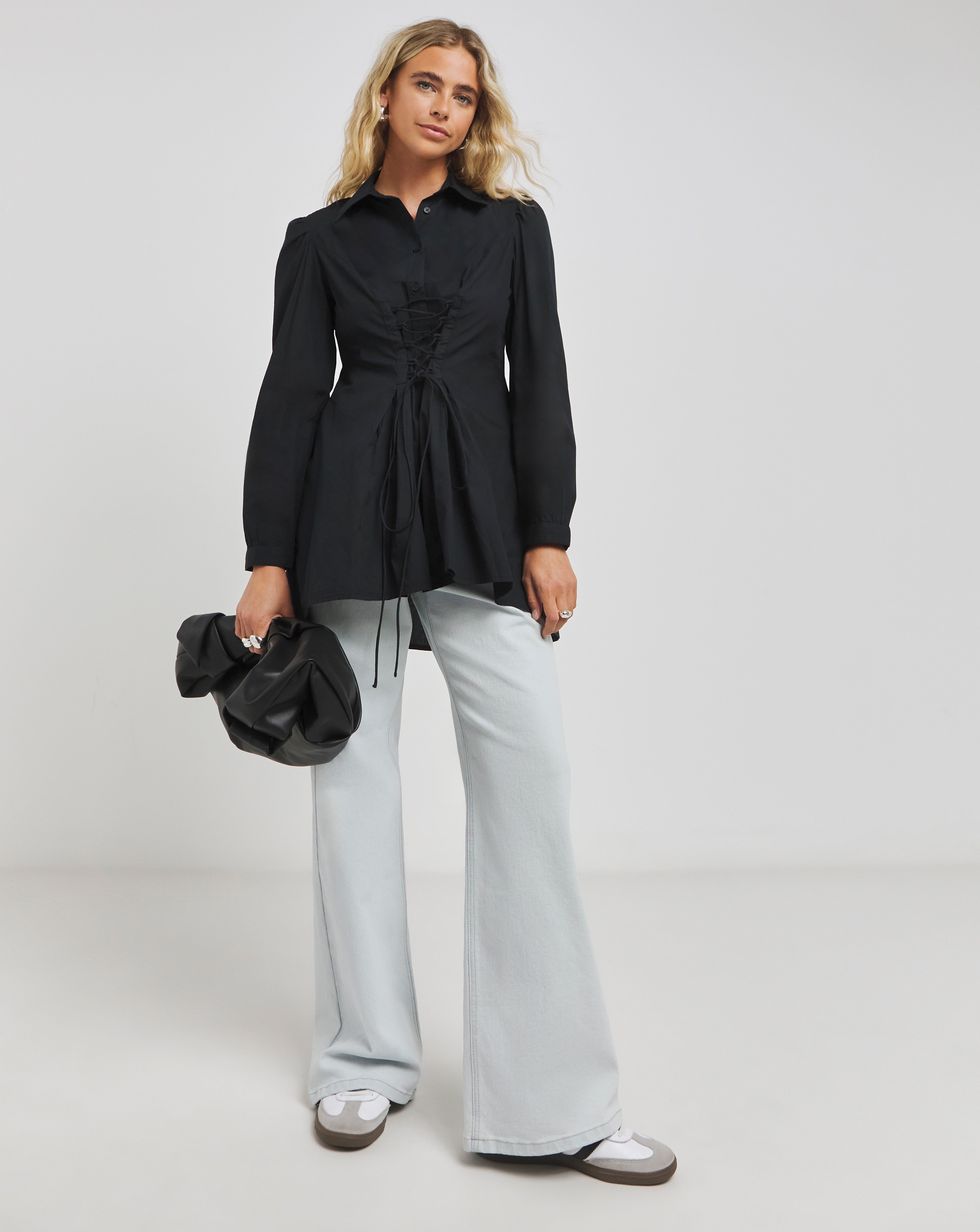 Black Longline Adjustable Corset Shirt - Black - Size 10 - Women's - Cotton.