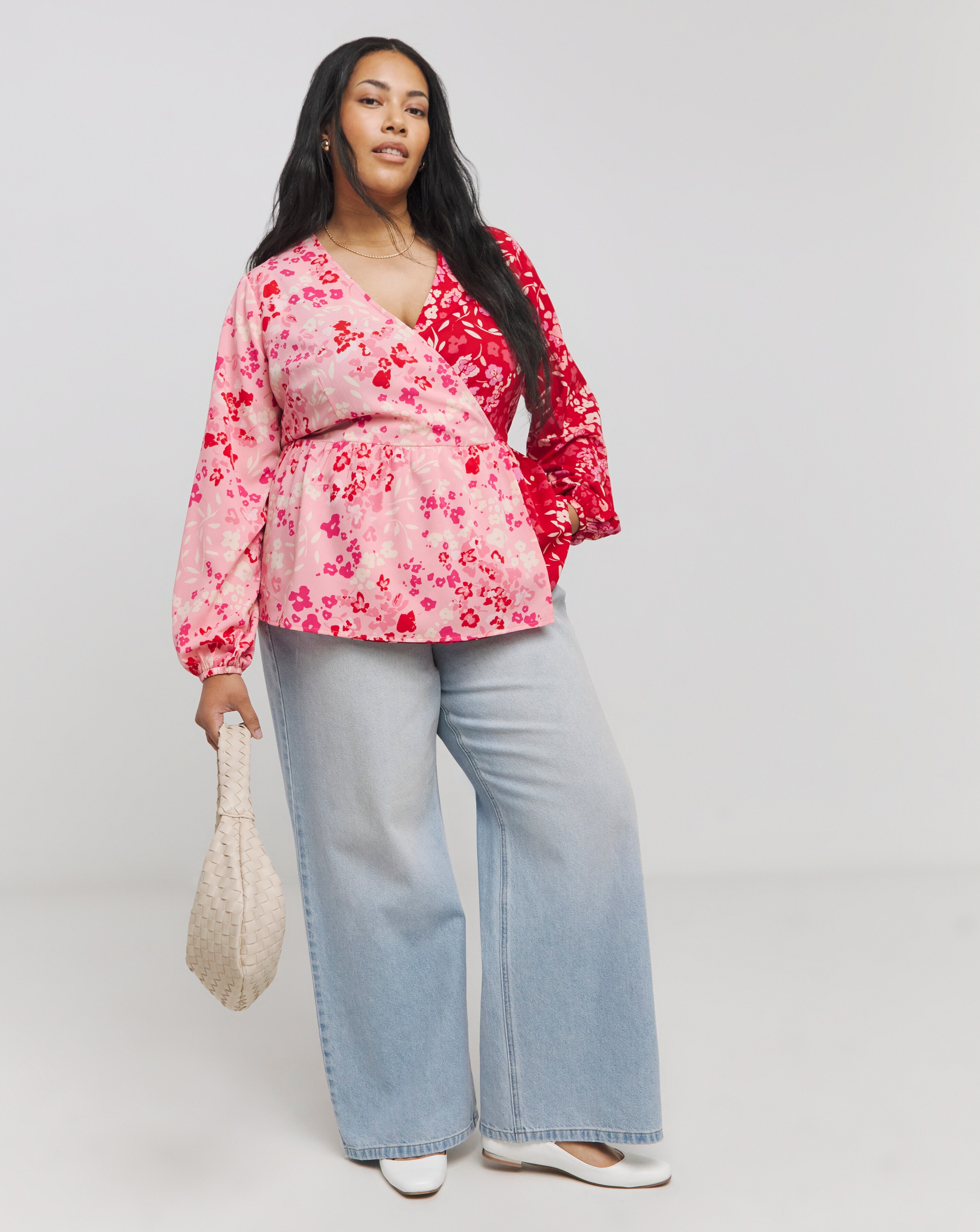 Mixed Print Wrap Peplum Blouse - Pink/red - Size 10 - Women's - Polyester.